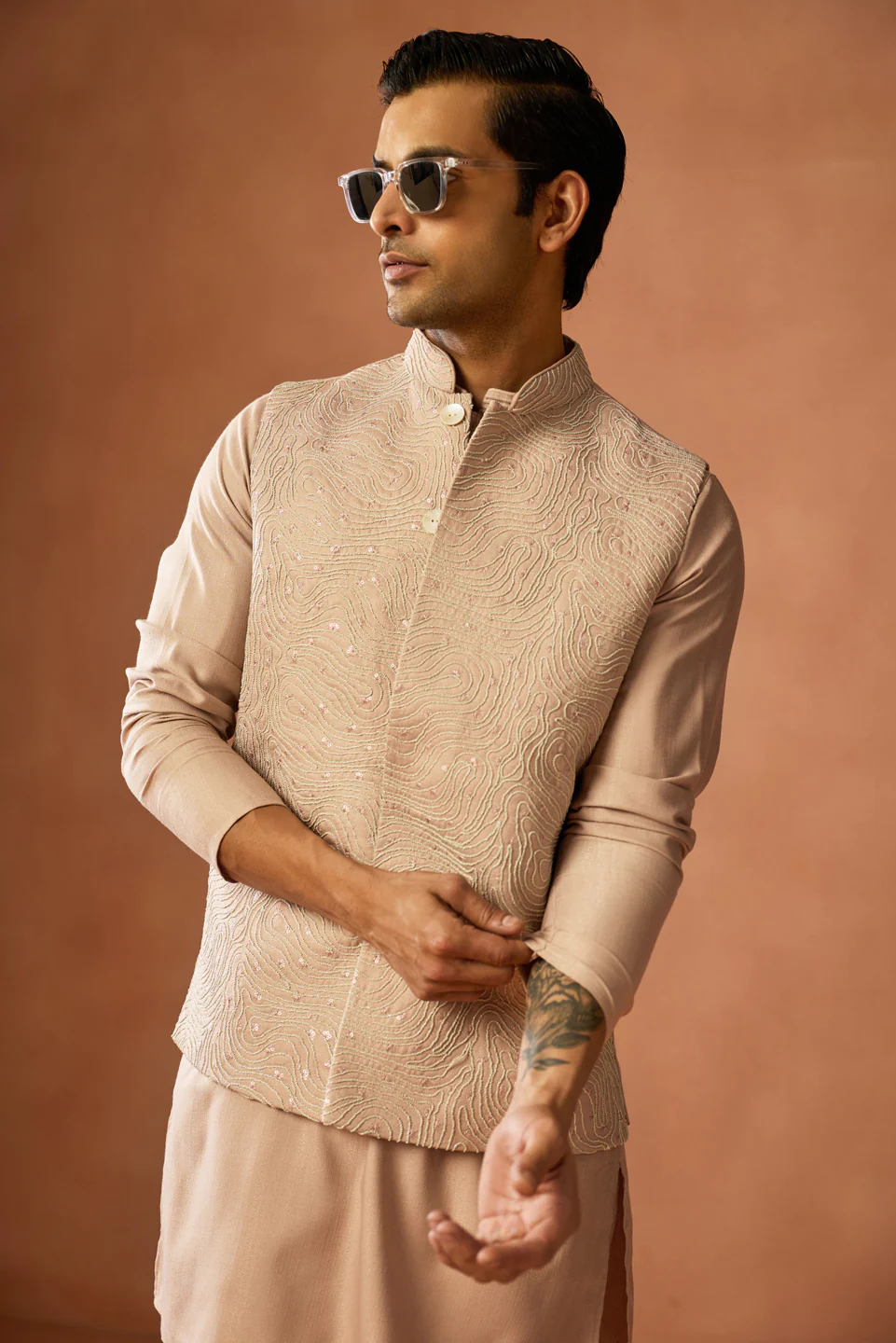 Beige Silk Blend Embroidered Nehru Jacket