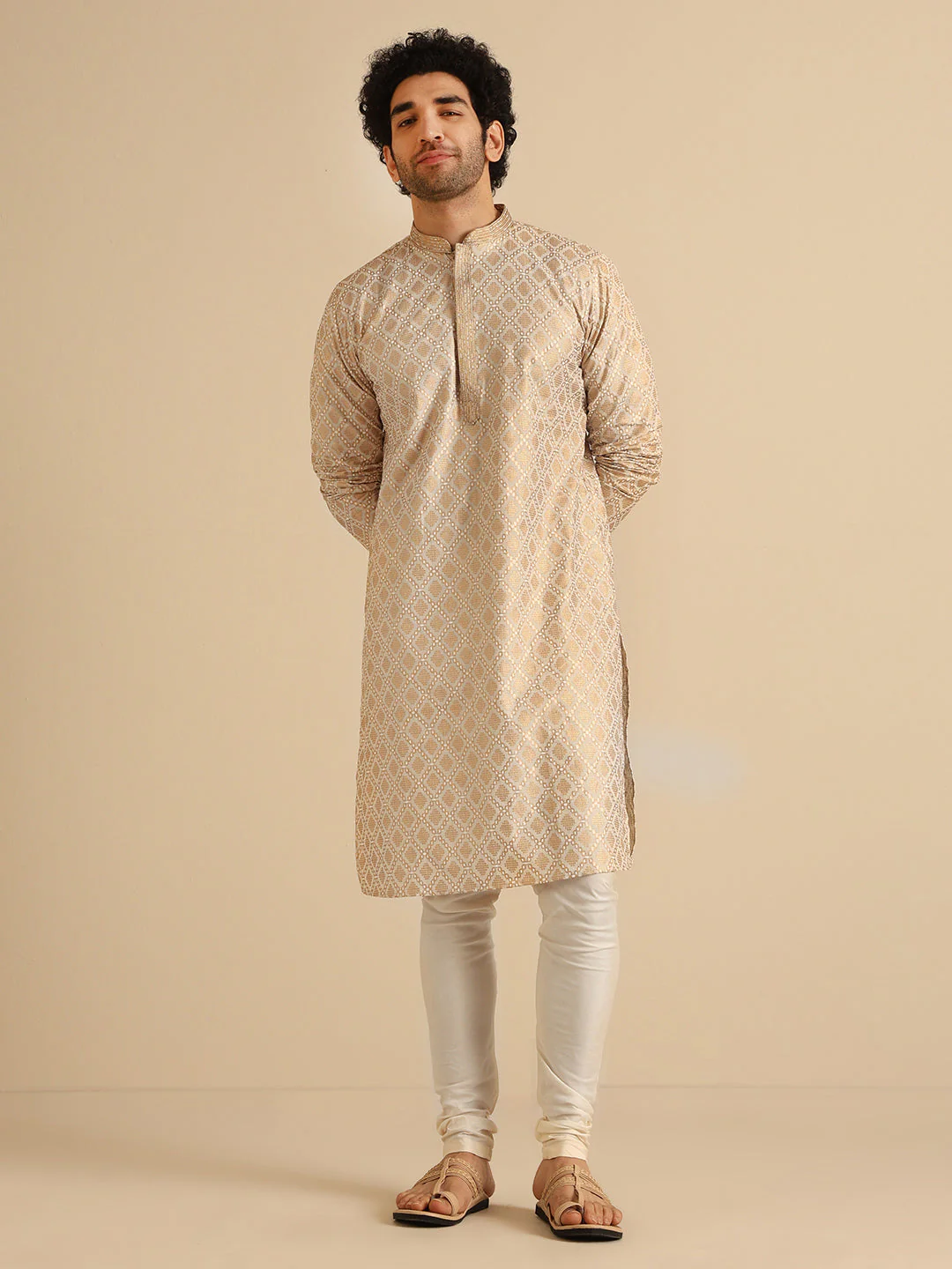 Beige Silk Blend Kurta Set with Intricate Jacquard Woven Pattern and Cream Churidar – Festive & Wedding Ensemble - Image 2