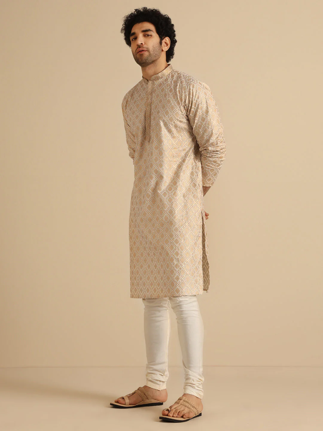 Beige Silk Blend Kurta Set with Intricate Jacquard Woven Pattern and Cream Churidar – Festive & Wedding Ensemble - Image 4