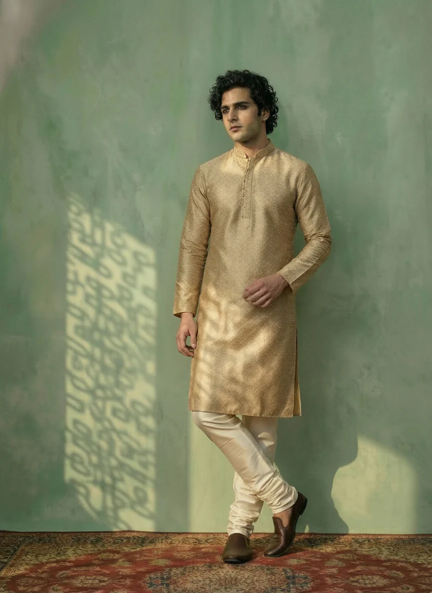Beige Silk Blend Textured Long Kurta