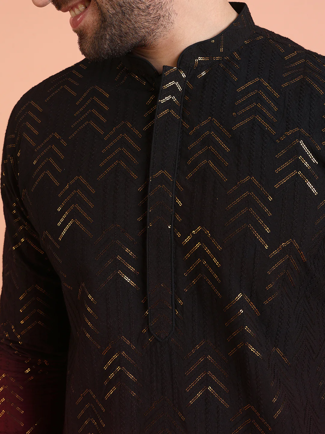 Black And Red Cotton Embellished Kurta Trouser Set - Image 5