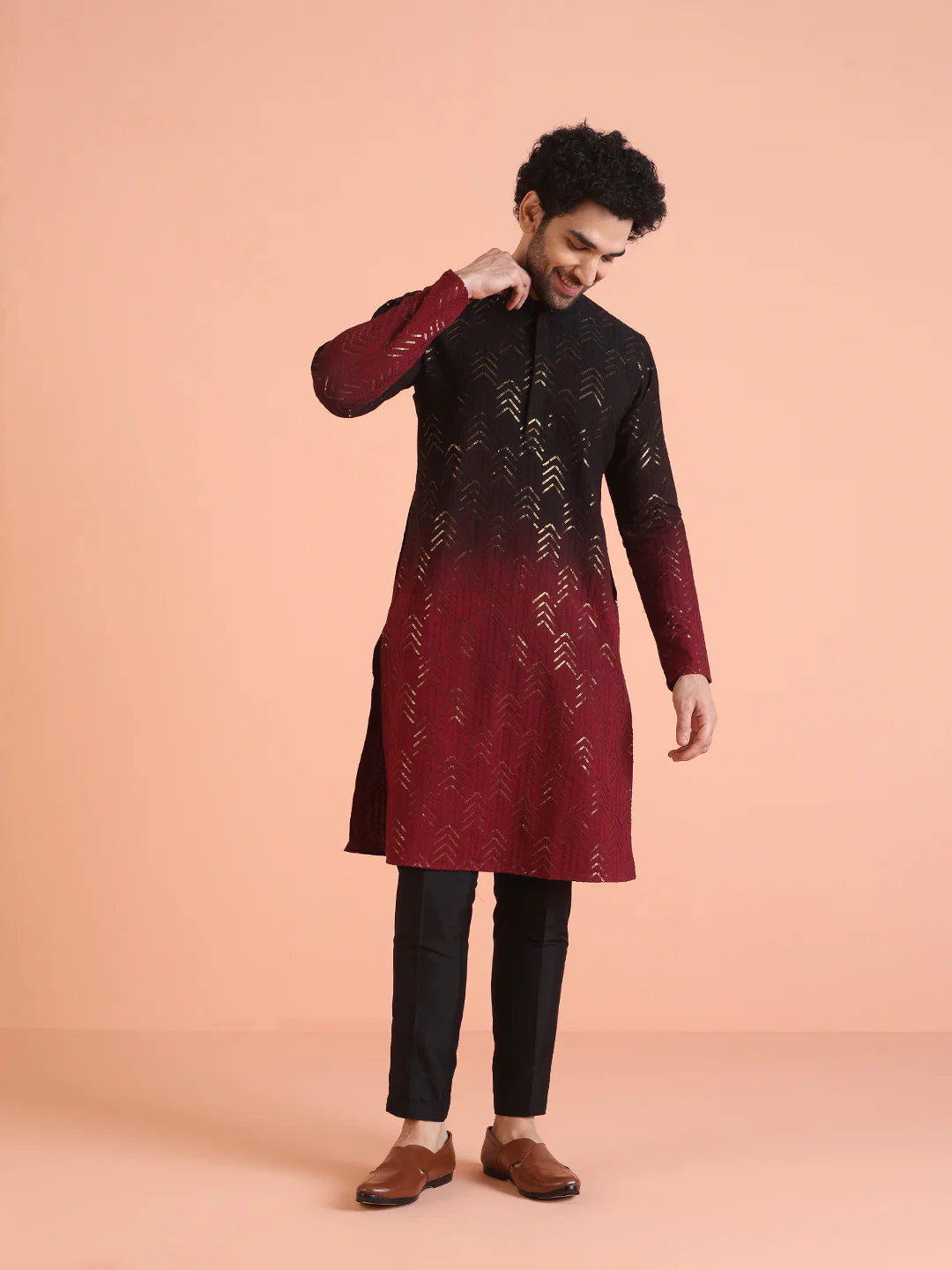 Black And Red Cotton Embellished Kurta Trouser Set - Image 8
