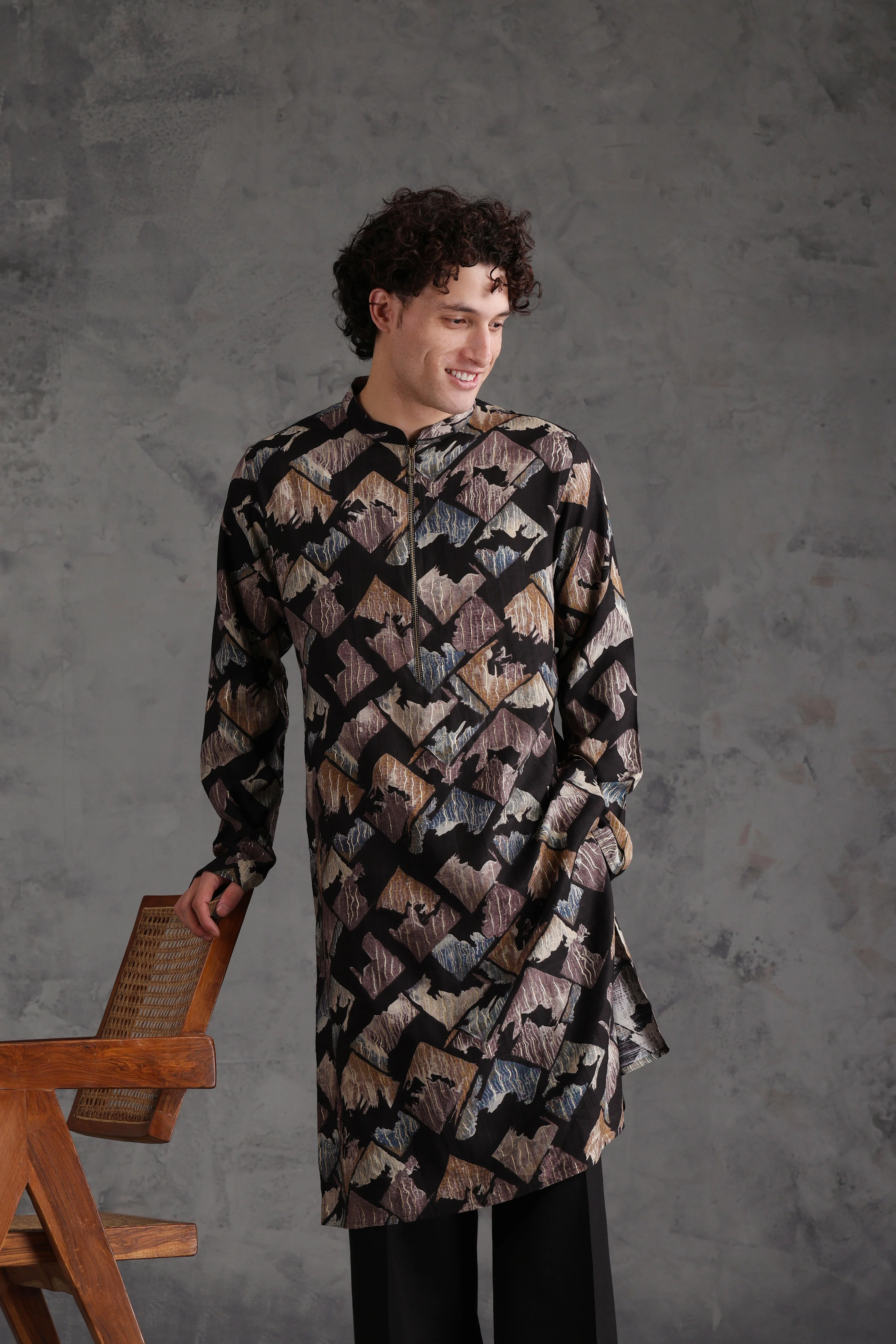 Black Blended Printed Kurta Wide Leg Trouser Set - Image 9