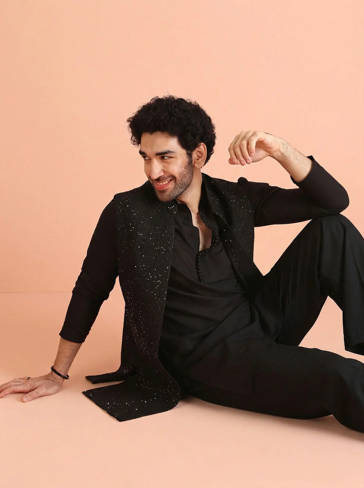 Black Blended Sequin Embellished Mid Kurta Front Open Jacket Wide Leg Trouser Set - Image 2