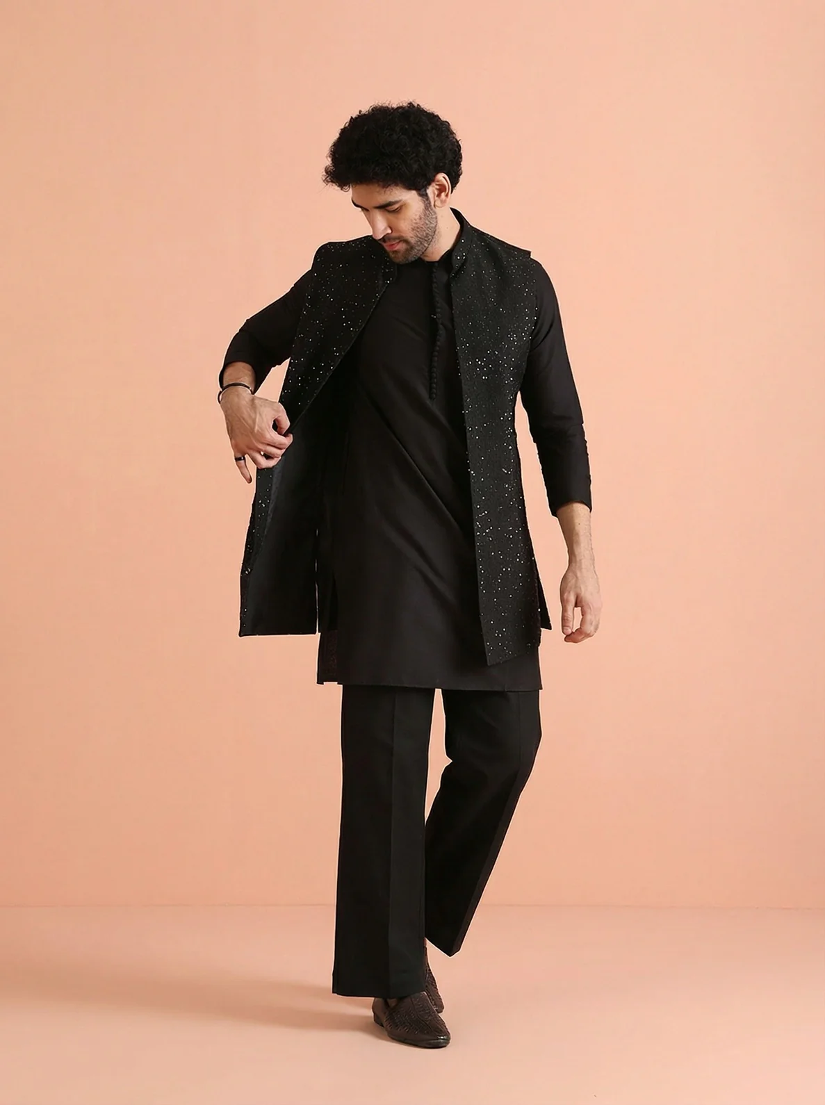 Black Blended Sequin Embellished Mid Kurta Front Open Jacket Wide Leg Trouser Set - Image 6