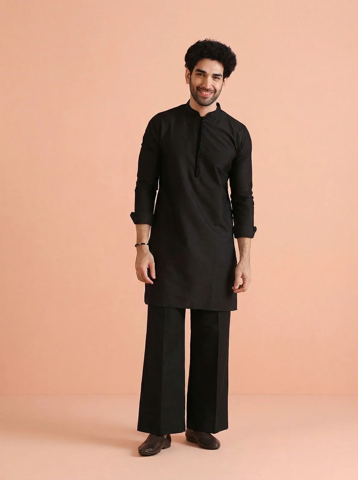 Black Blended Sequin Embellished Mid Kurta Front Open Jacket Wide Leg Trouser Set - Image 8