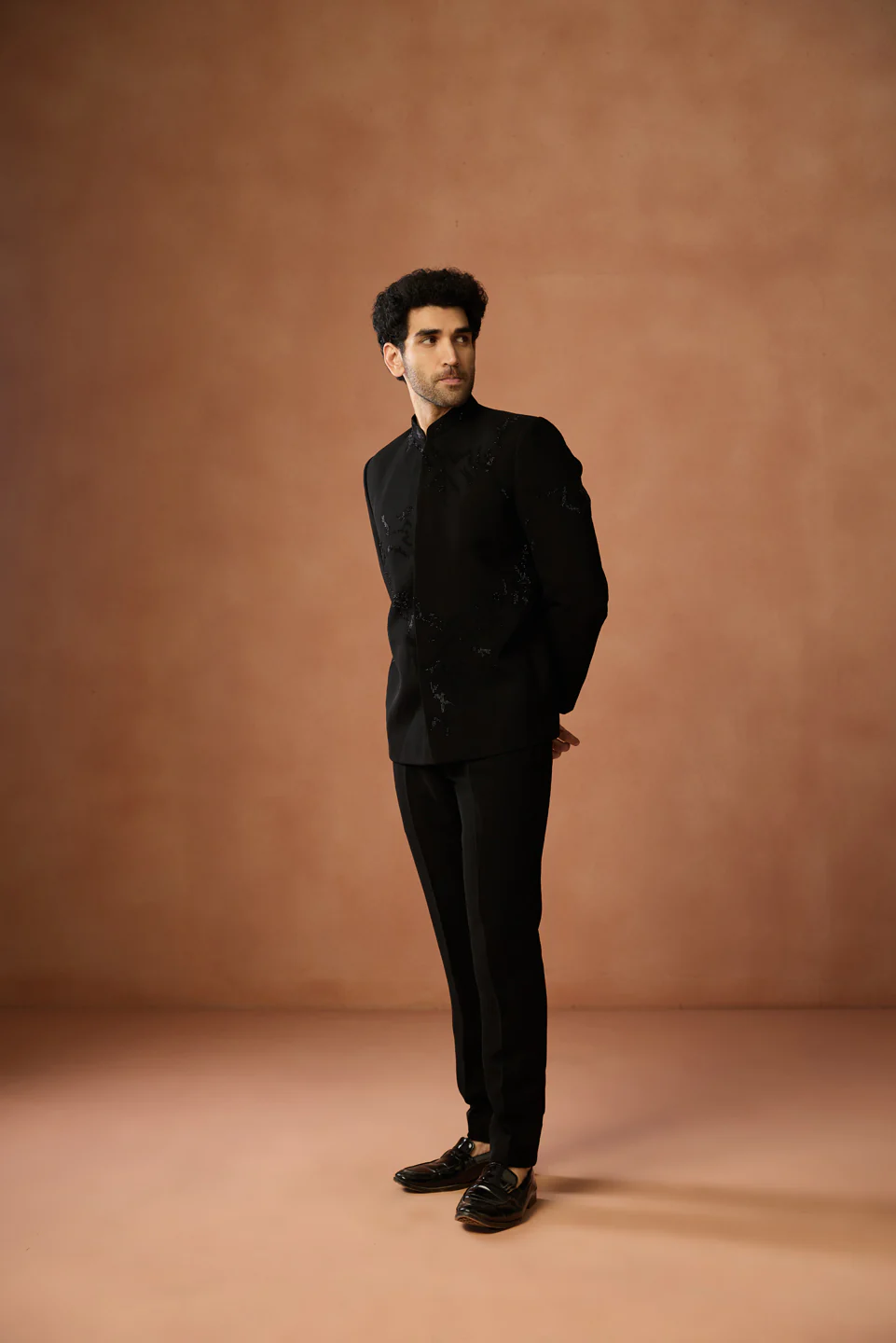 Black Velvet Sequin Bandhgala Jodhpuri Trouser Set - Image 3