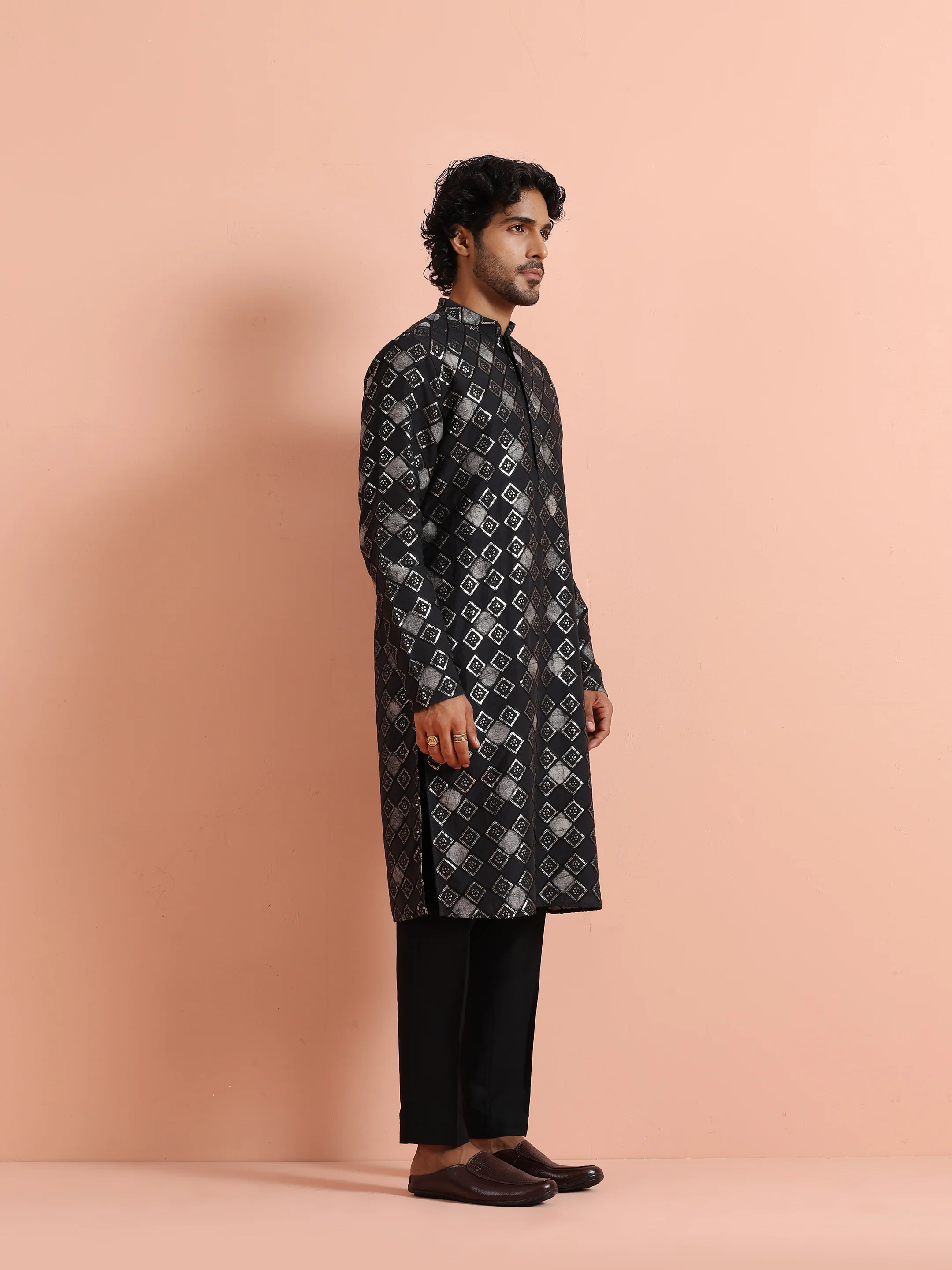 Black Chanderi Cotton Printed Kurta Trouser Set - Image 3