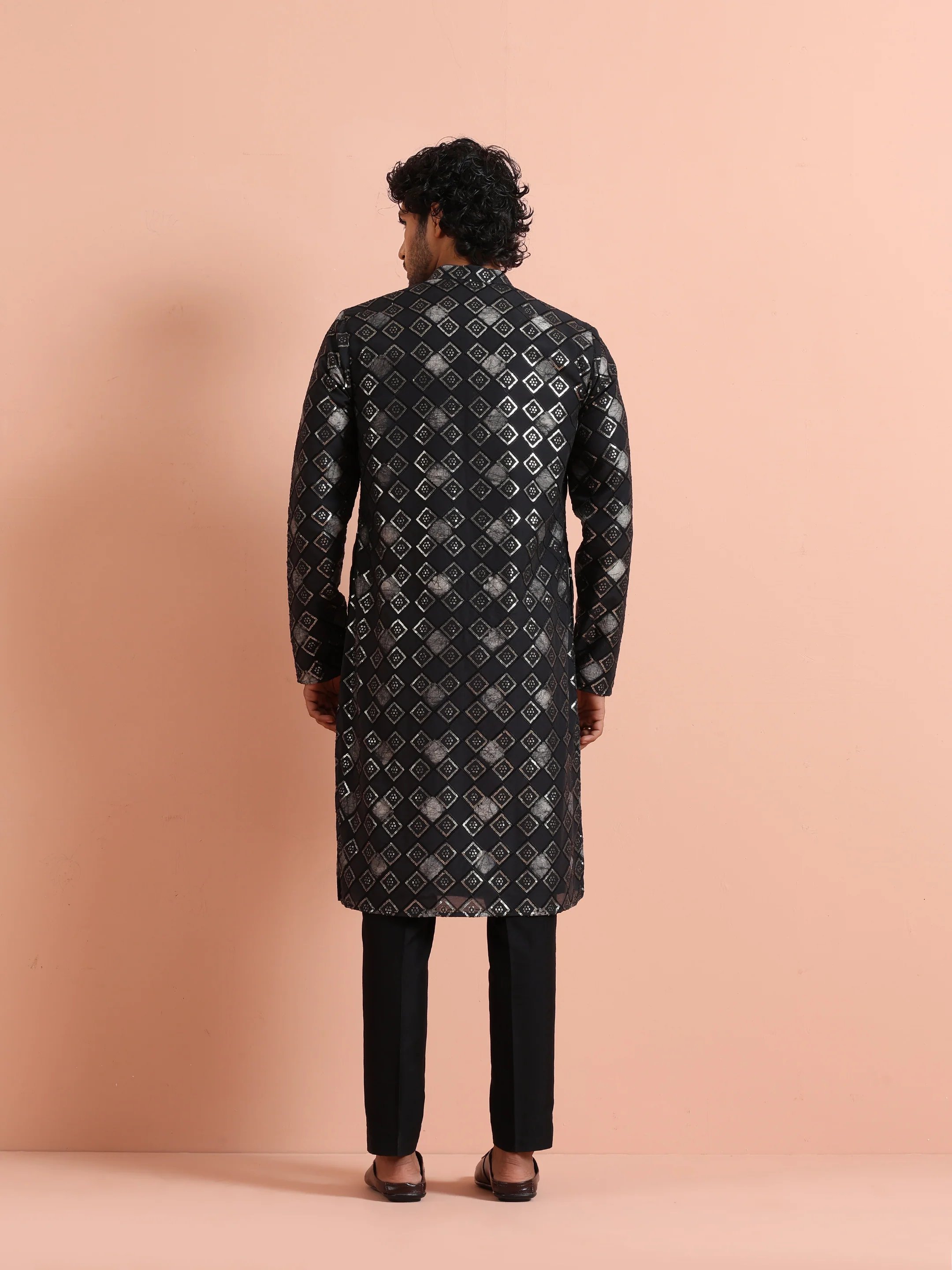 Black Chanderi Cotton Printed Kurta Trouser Set - Image 4