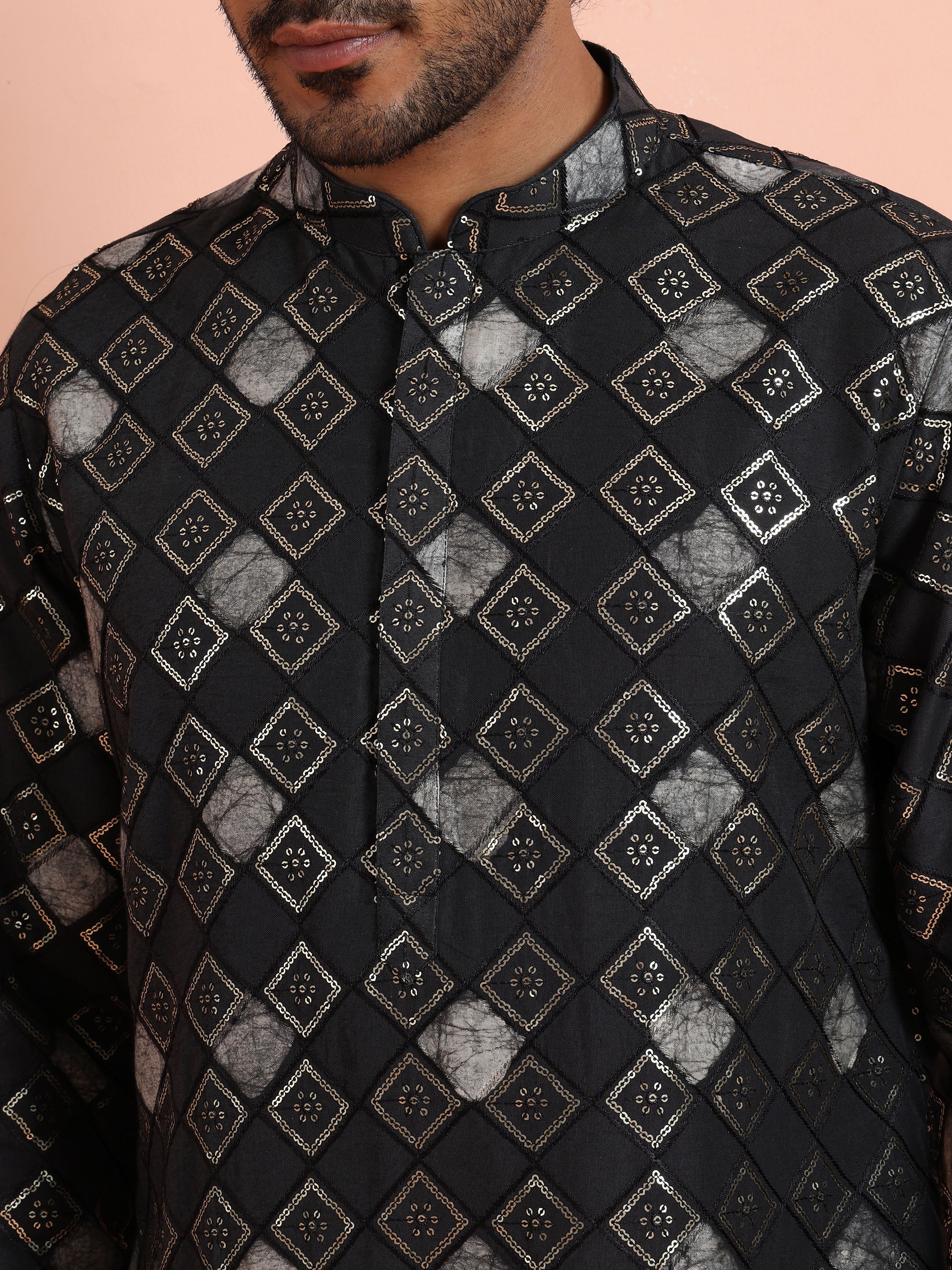 Black Chanderi Cotton Printed Kurta Trouser Set - Image 5