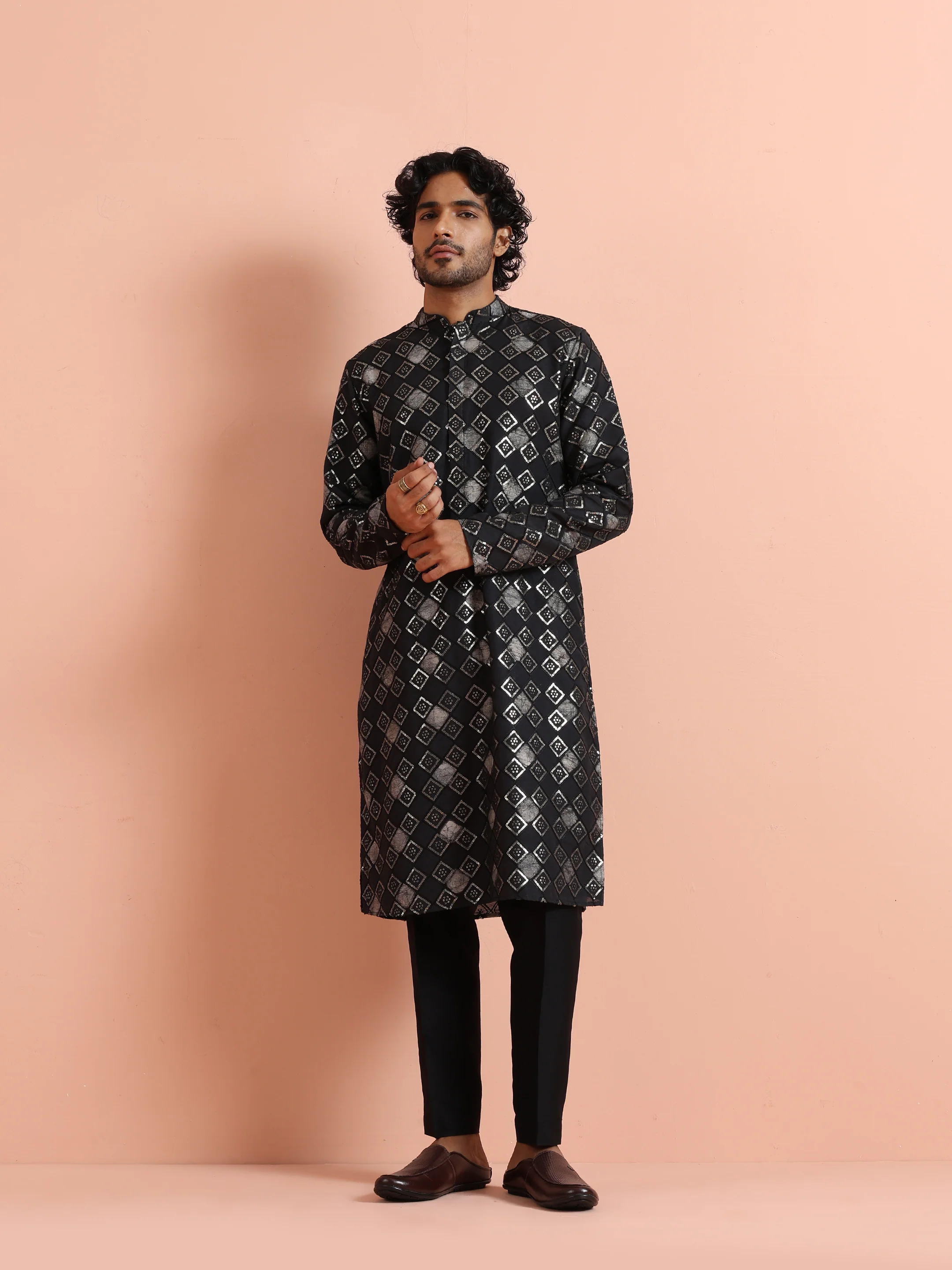 Black Chanderi Cotton Printed Kurta Trouser Set - Image 7