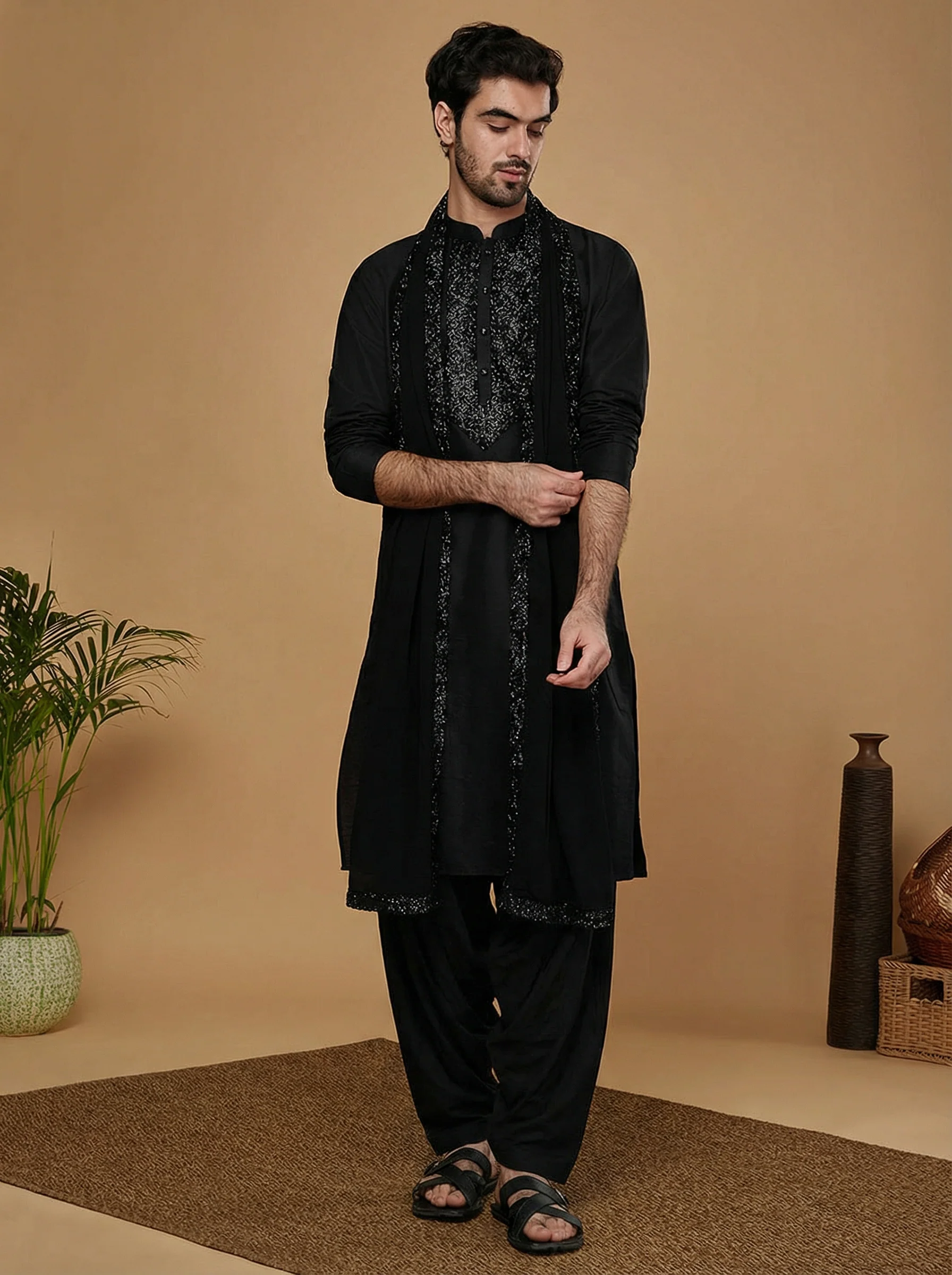 Black Cotton Blend Embellished Kurta Patiyala Set With Dupatta - Image 6
