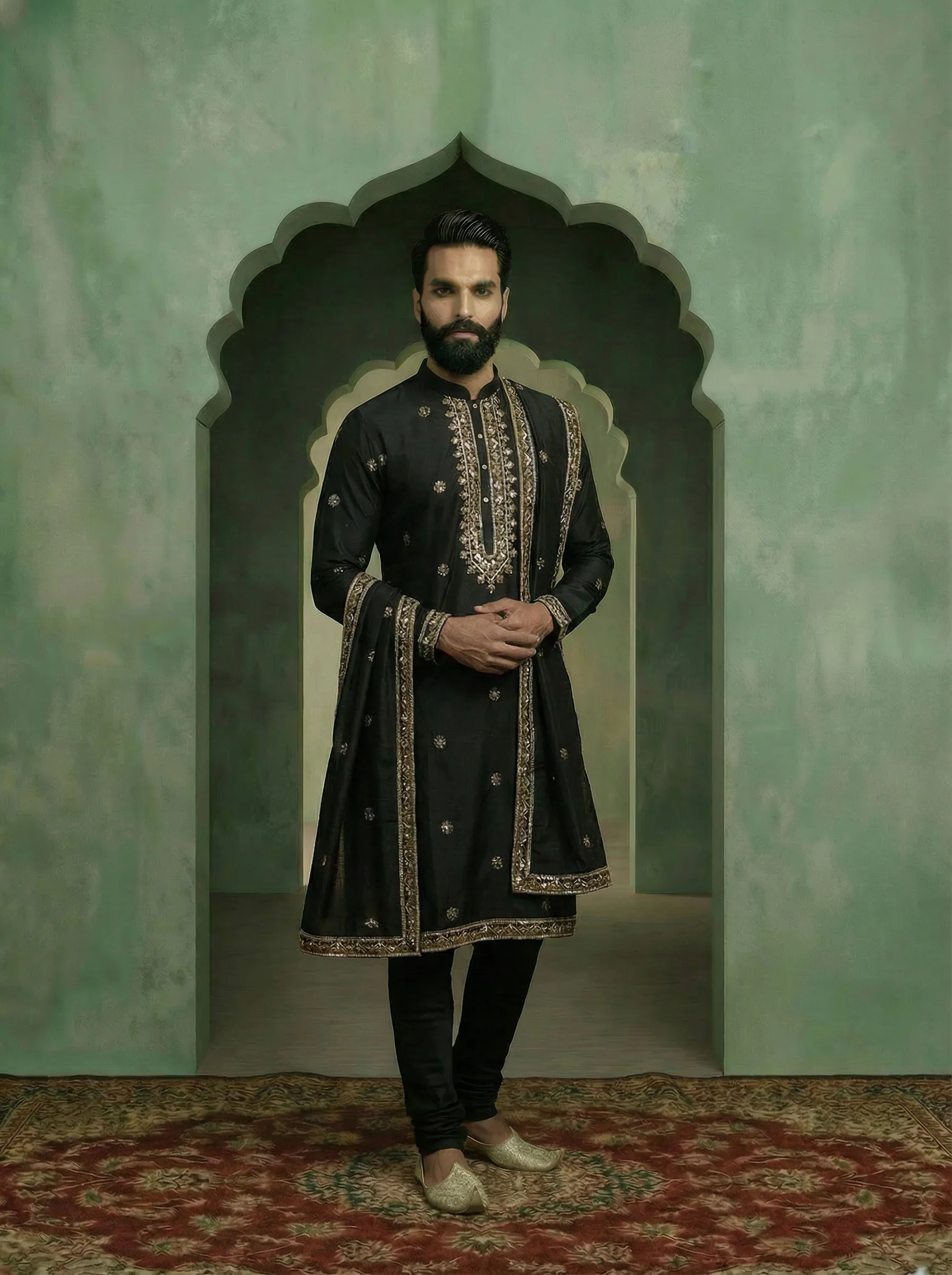 Black Cotton Blend Embellished Kurta Trouser Set With Dupatta