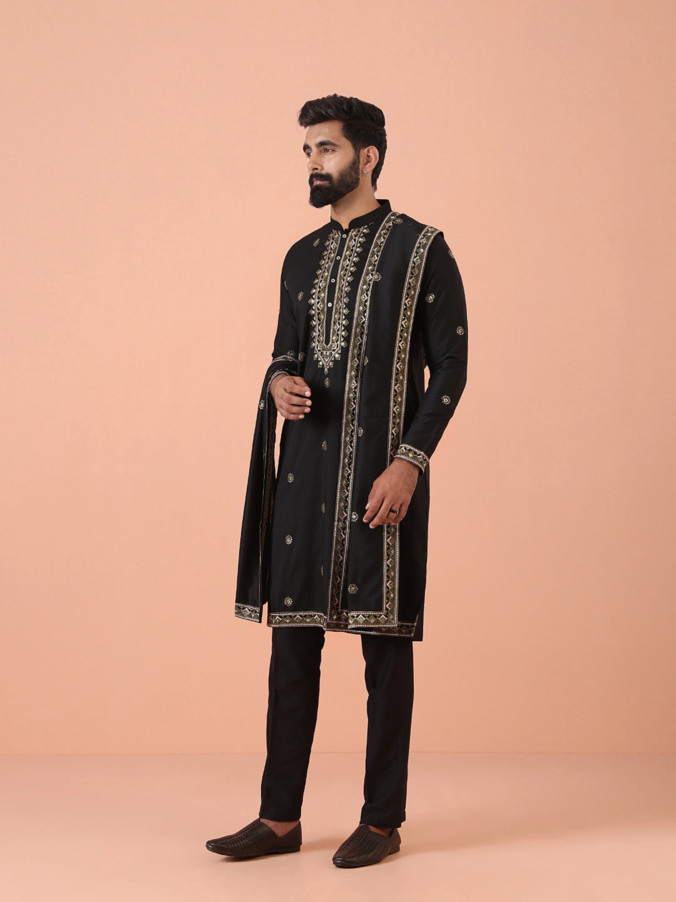 Black Cotton Blend Embellished Kurta Trouser Set With Dupatta - Image 2