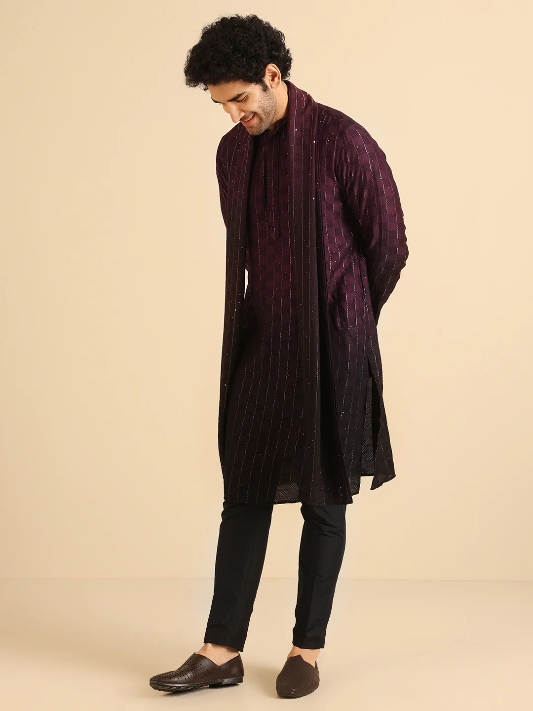 Black Cotton Blend Embellished Kurta Trouser Set With Dupatta - Image 2