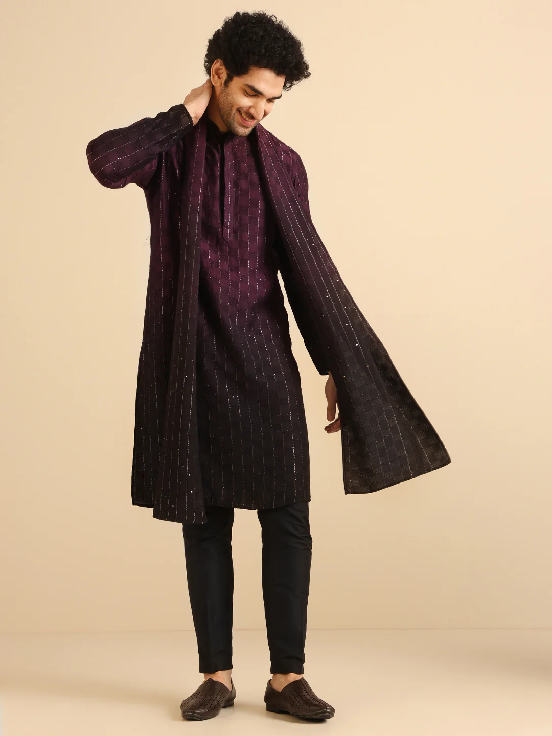 Black Cotton Blend Embellished Kurta Trouser Set With Dupatta - Image 8