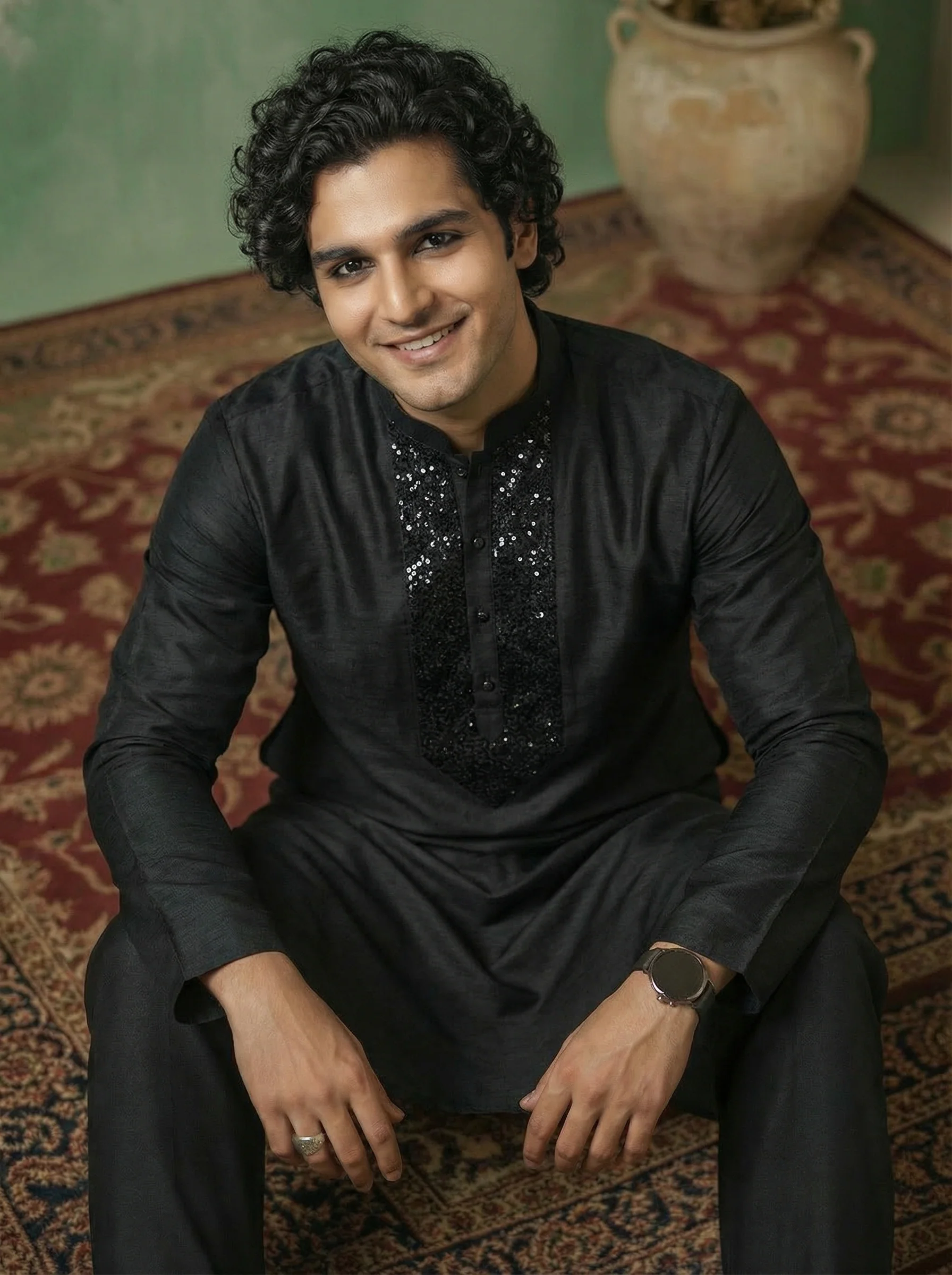 Black Cotton Blend Embellished Long Kurta