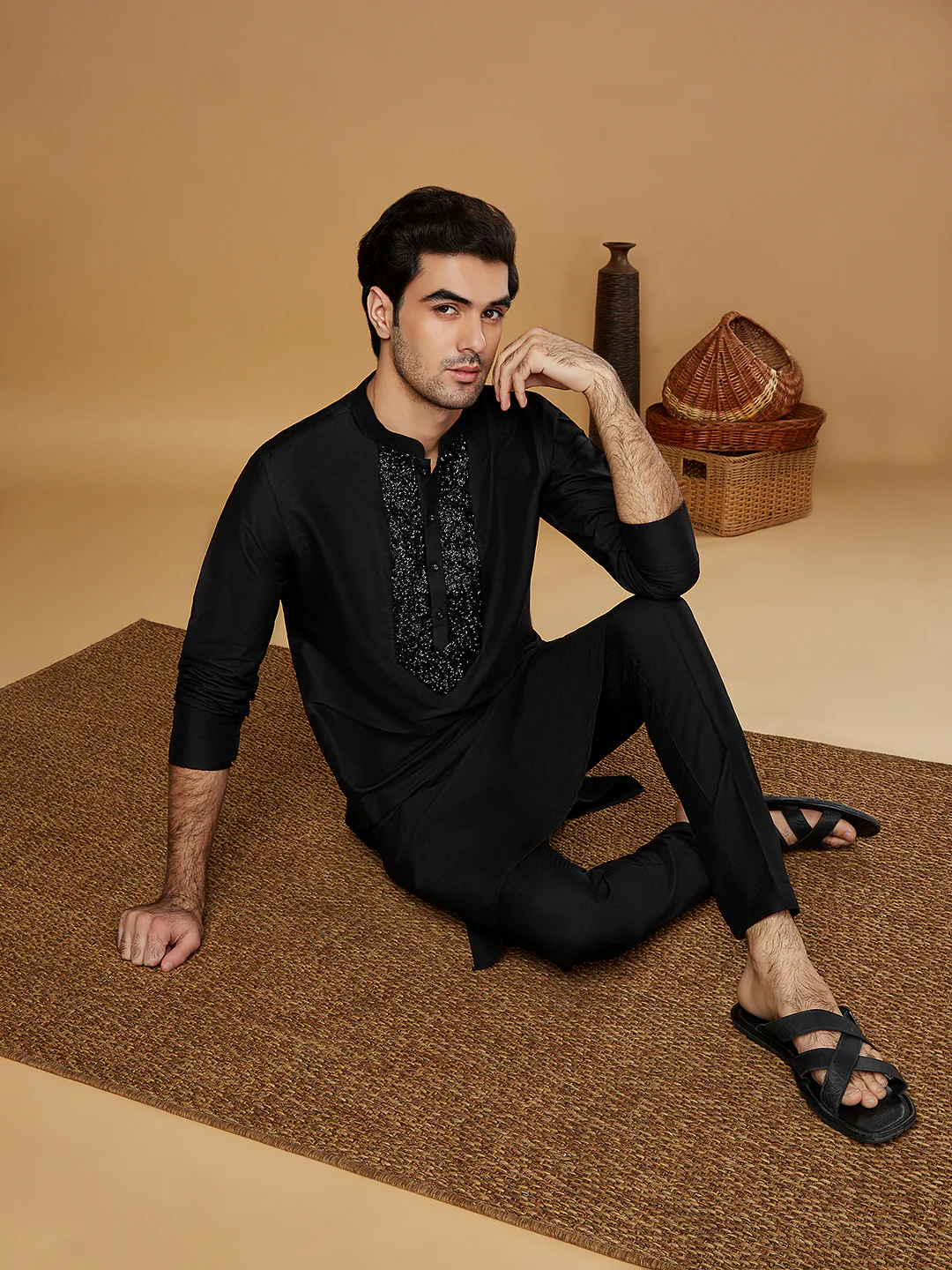 Black Cotton Blend Embellished Long Kurta - Image 6
