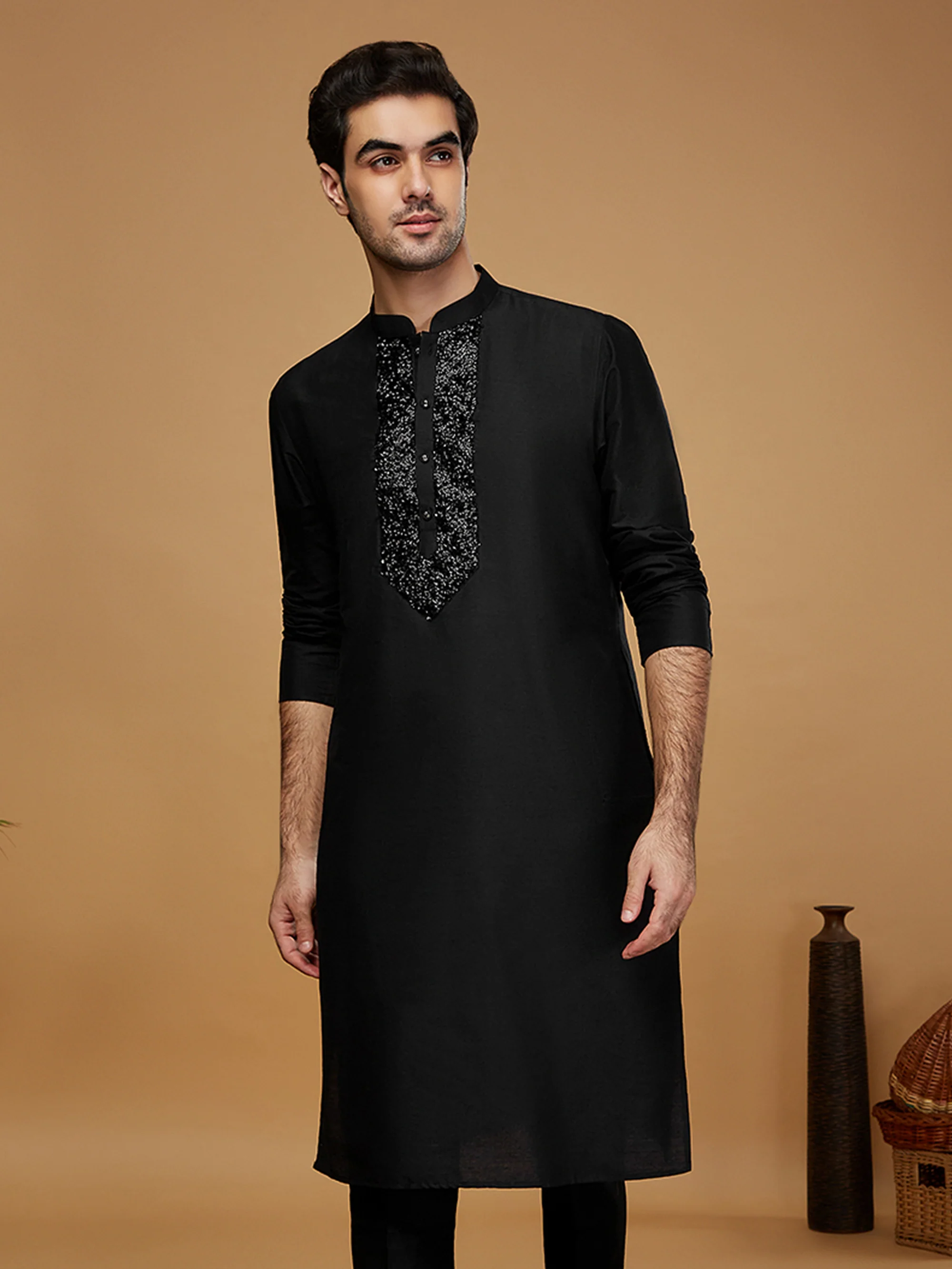 Black Cotton Blend Embellished Long Kurta - Image 7