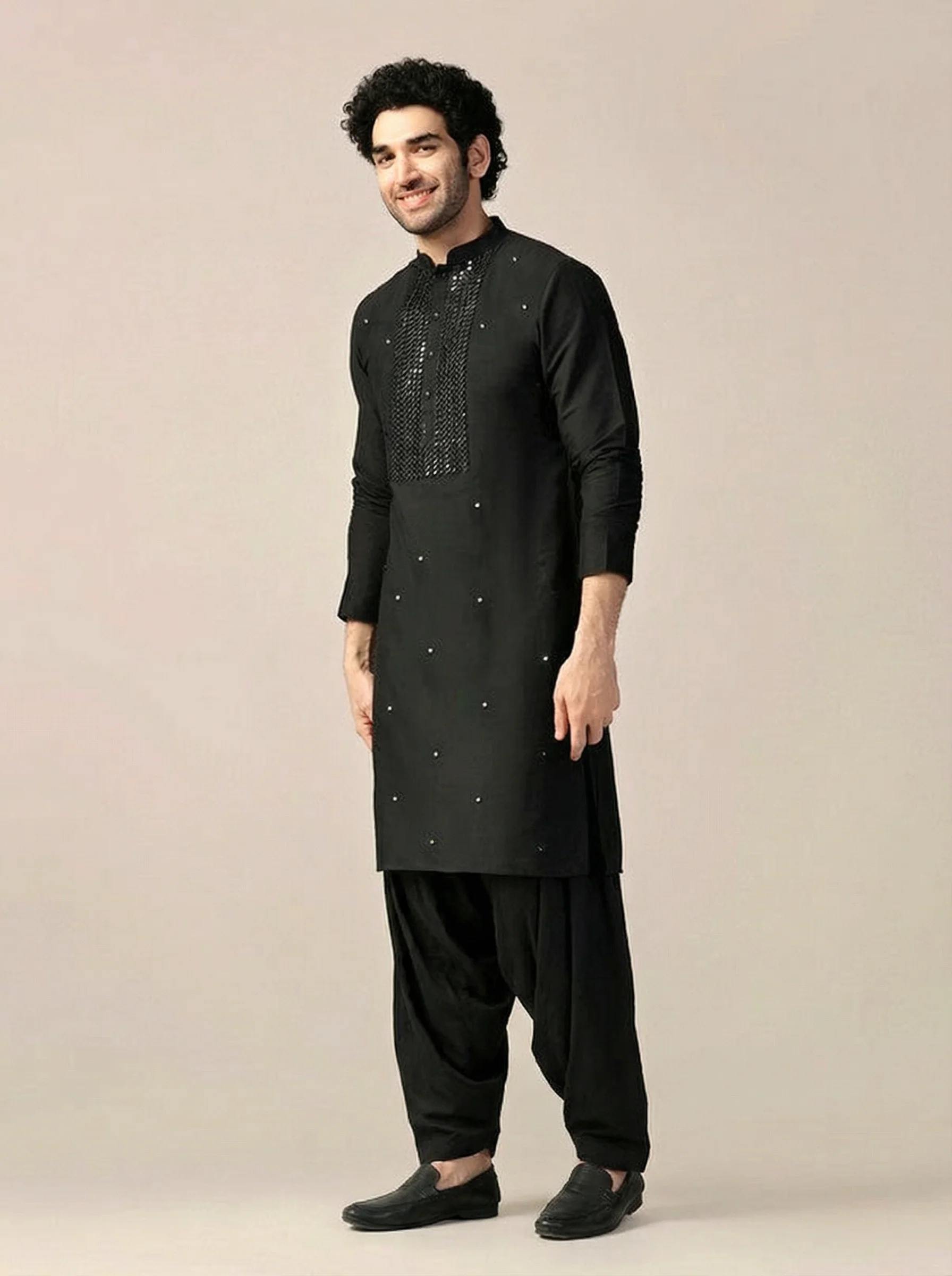 Black Cotton Blend Embroidered Kurta Patiyala Set - Image 3