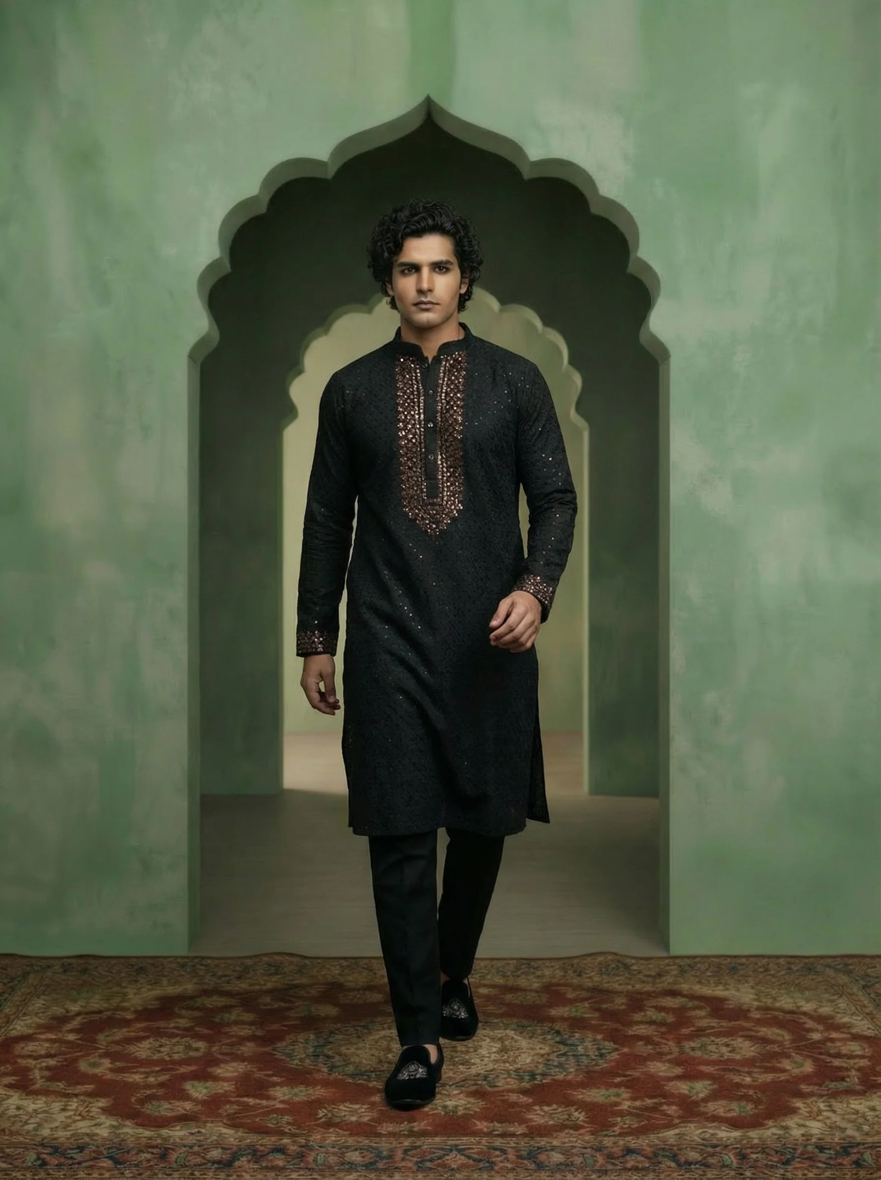 Black Cotton Blend Embroidered Kurta Trouser Set