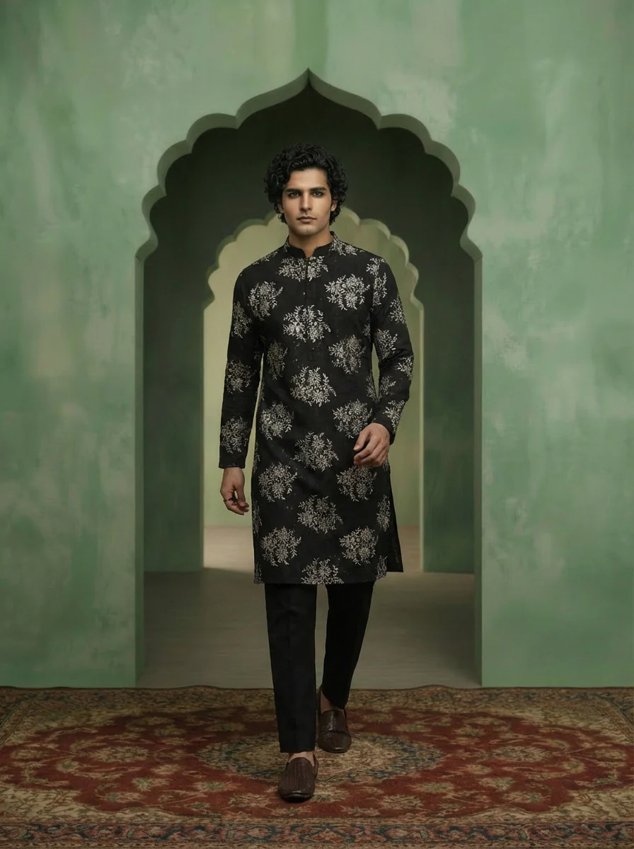 Black Cotton Blend Embroidered Kurta Trouser Set