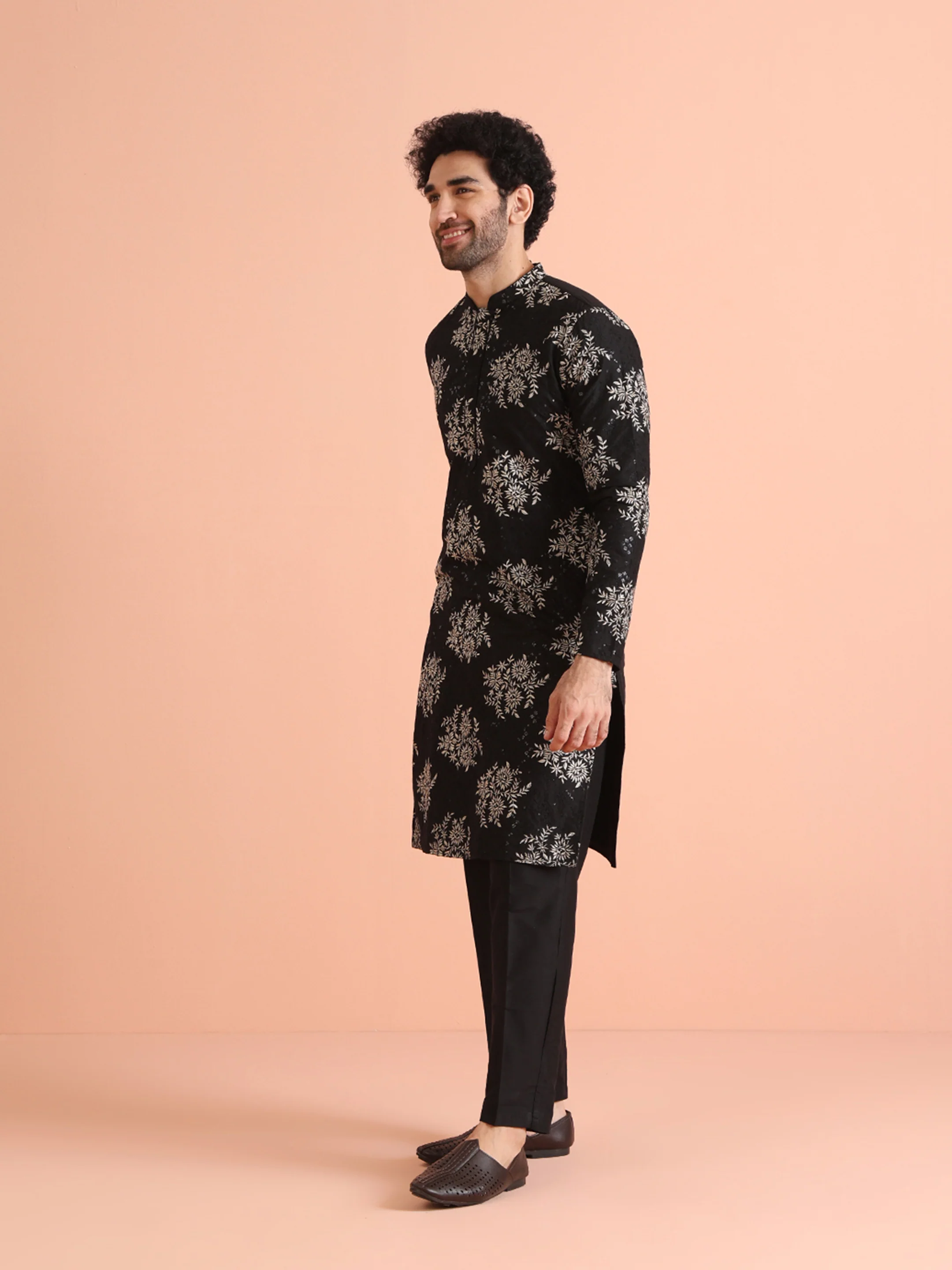 Black Cotton Blend Embroidered Kurta Trouser Set - Image 3