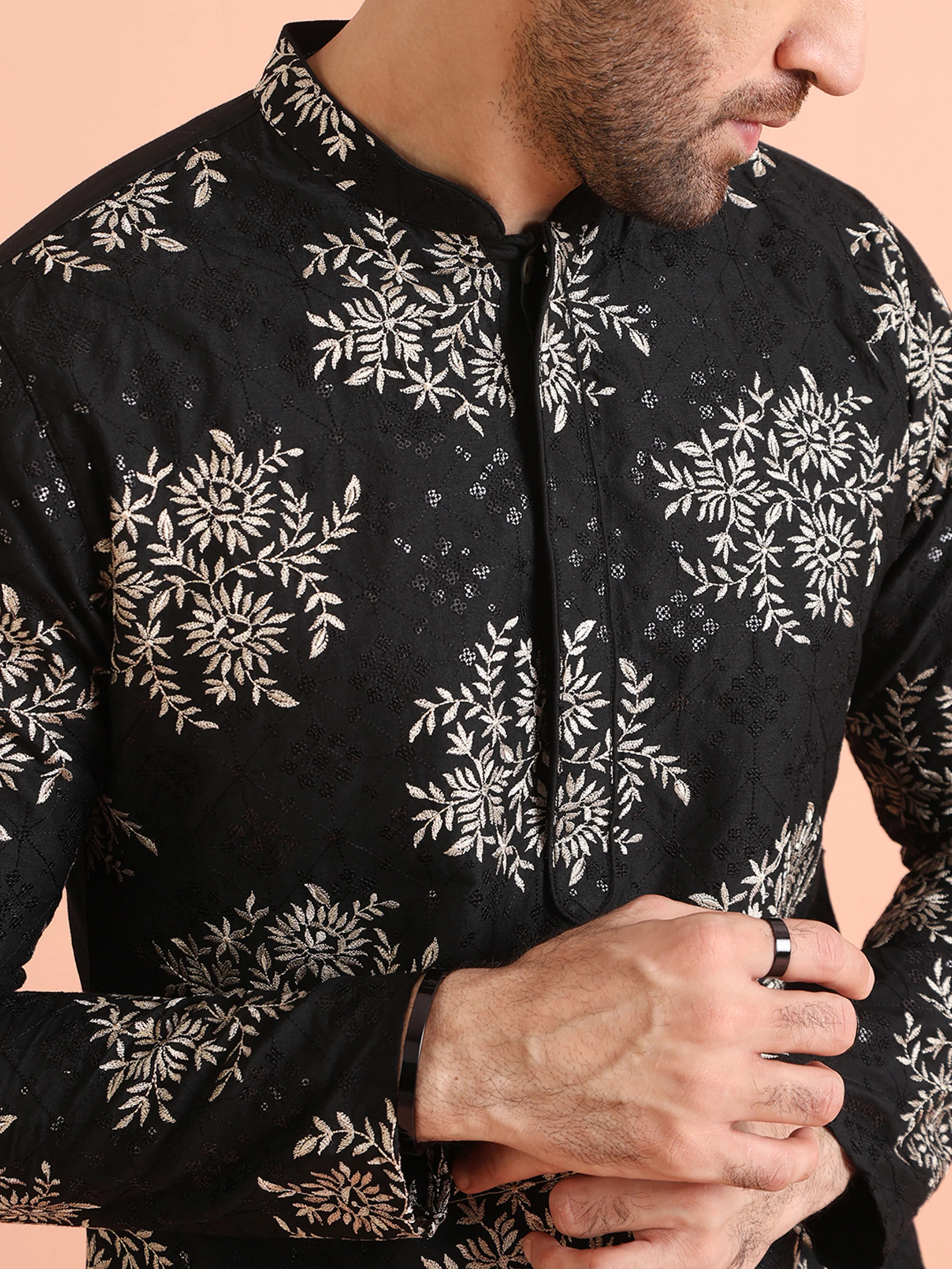 Black Cotton Blend Embroidered Kurta Trouser Set - Image 5