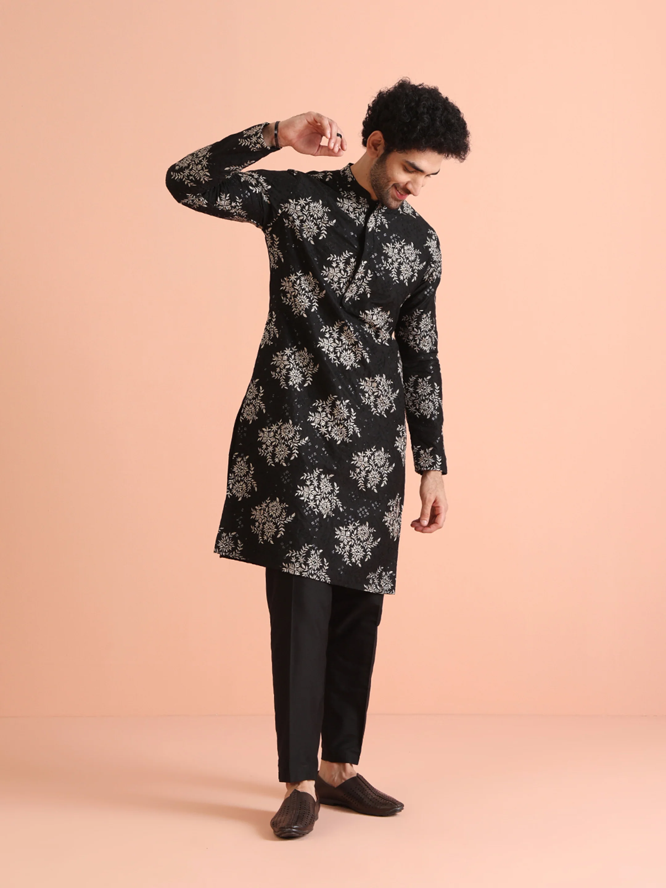 Black Cotton Blend Embroidered Kurta Trouser Set - Image 7