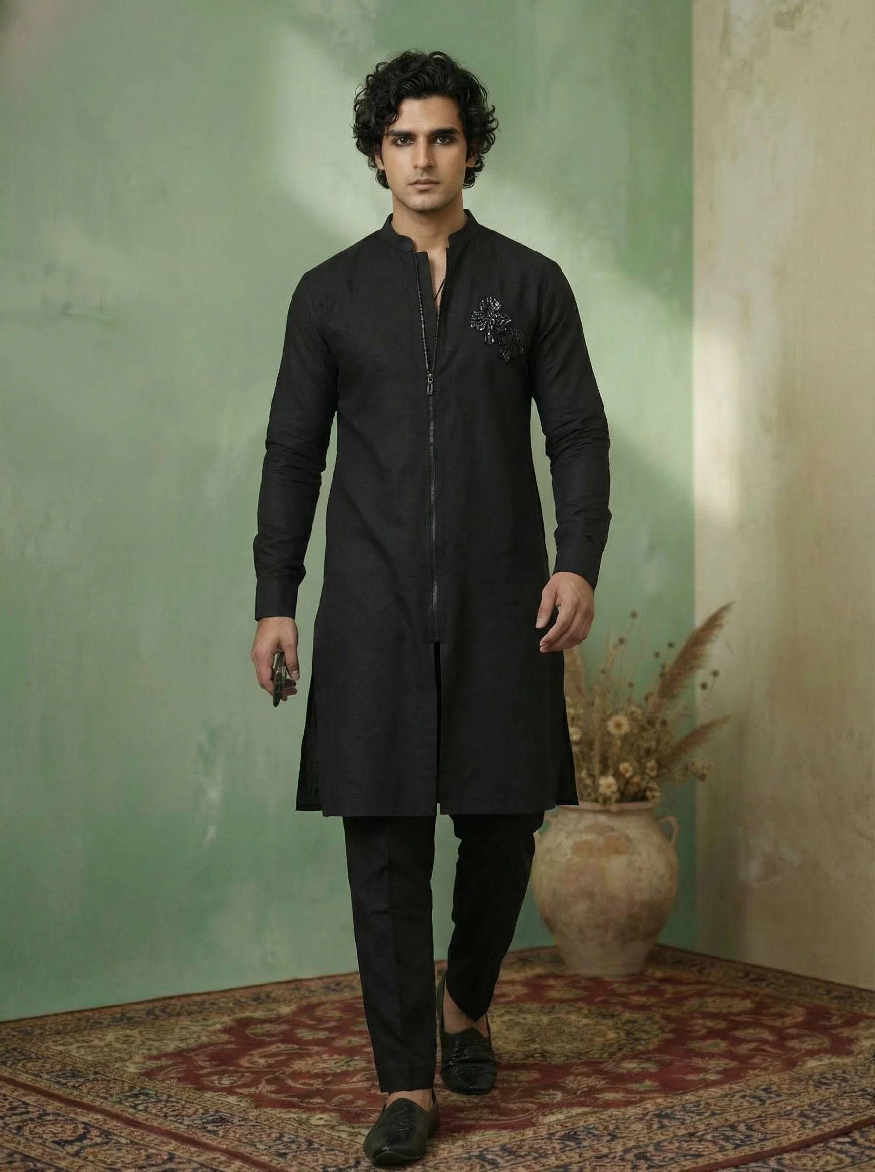 Black Cotton Blend Embroidered Kurta Trouser Set