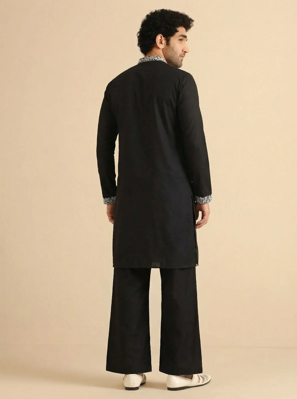 Black Cotton Blend Embroidered Kurta Wide Leg Trouser Set - Image 3