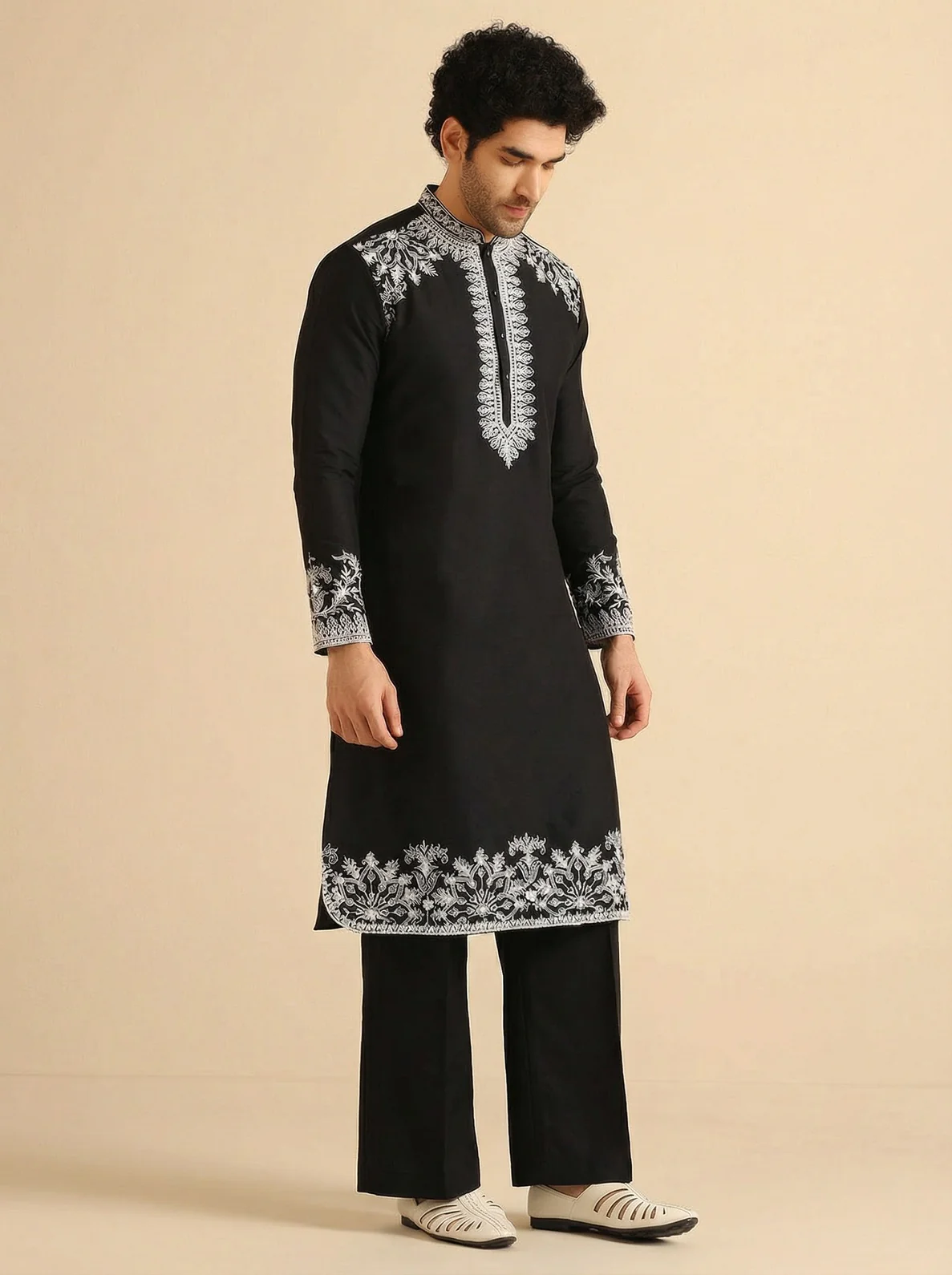 Black Cotton Blend Embroidered Kurta Wide Leg Trouser Set - Image 6