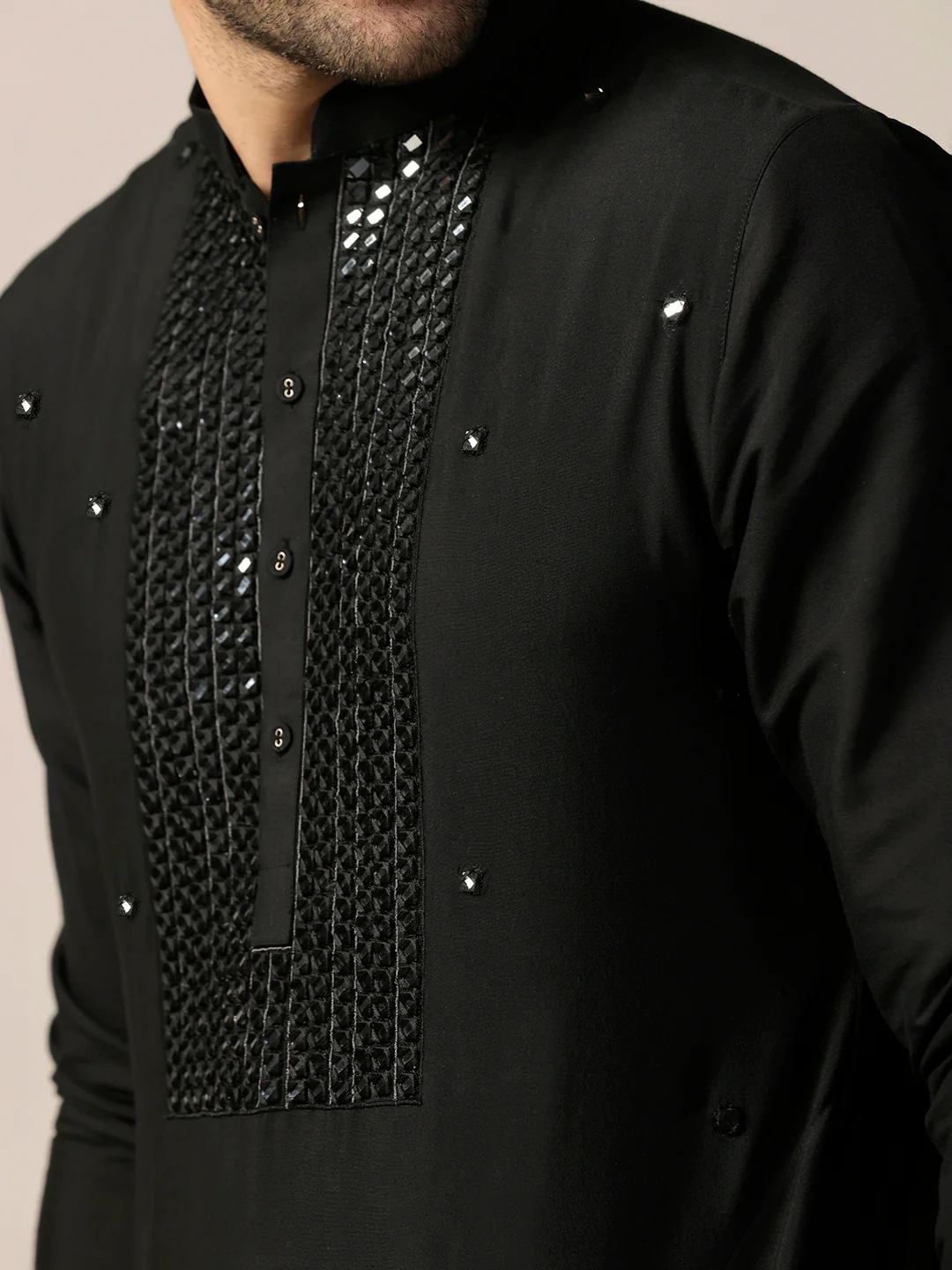Black Cotton Blend Embroidered Long Kurta - Image 5