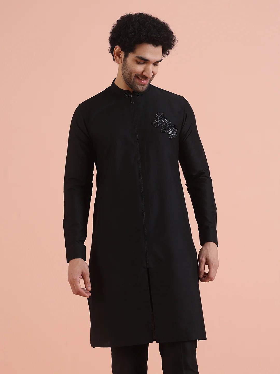 Black Cotton Blend Embroidered Long Kurta - Image 8