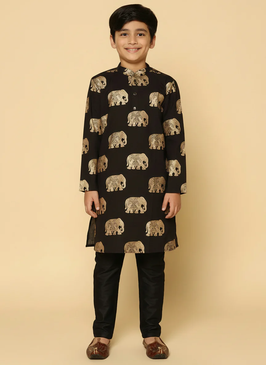 Black Cotton Blend Foil Print Kurta Pyjama Set