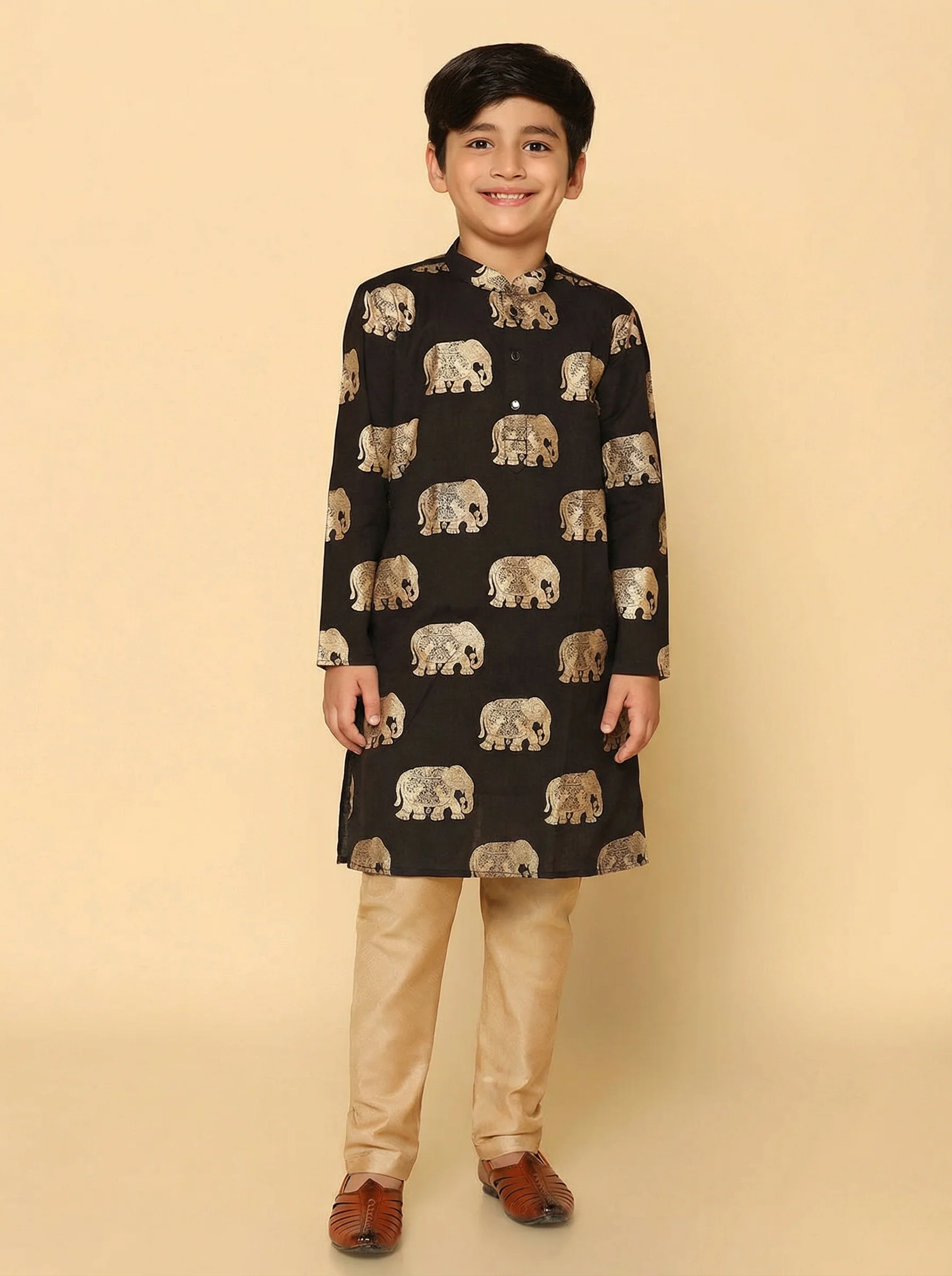 Black Cotton Blend Foil Print Kurta Pyjama Set