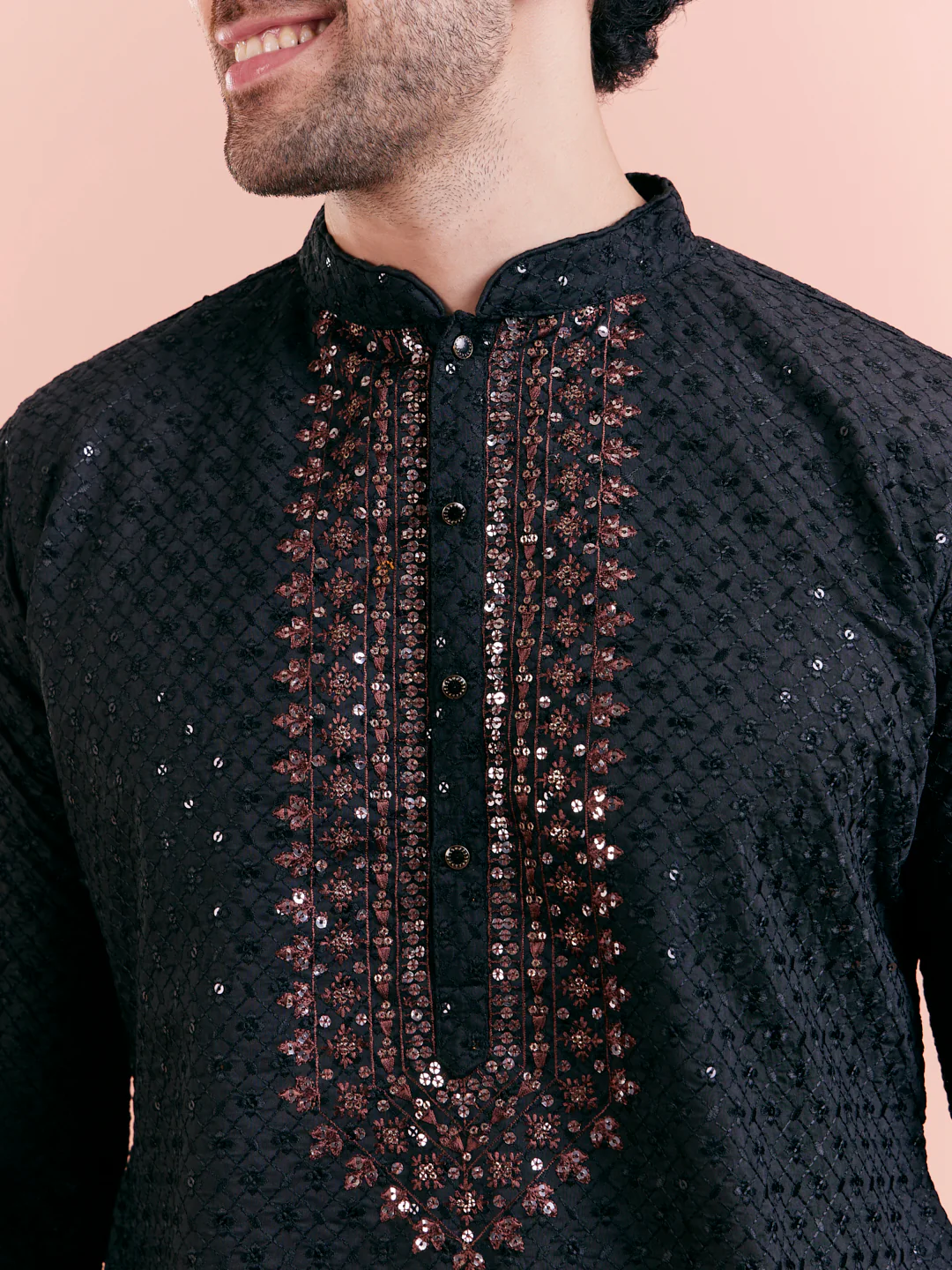 Black Cotton Blend Mirror Work Kurta - Image 5
