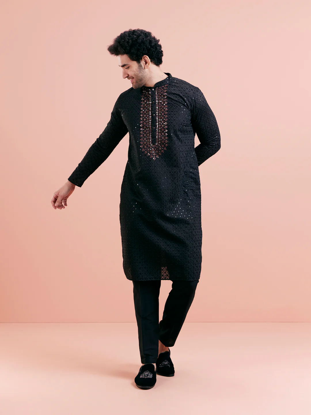 Black Cotton Blend Mirror Work Kurta - Image 6