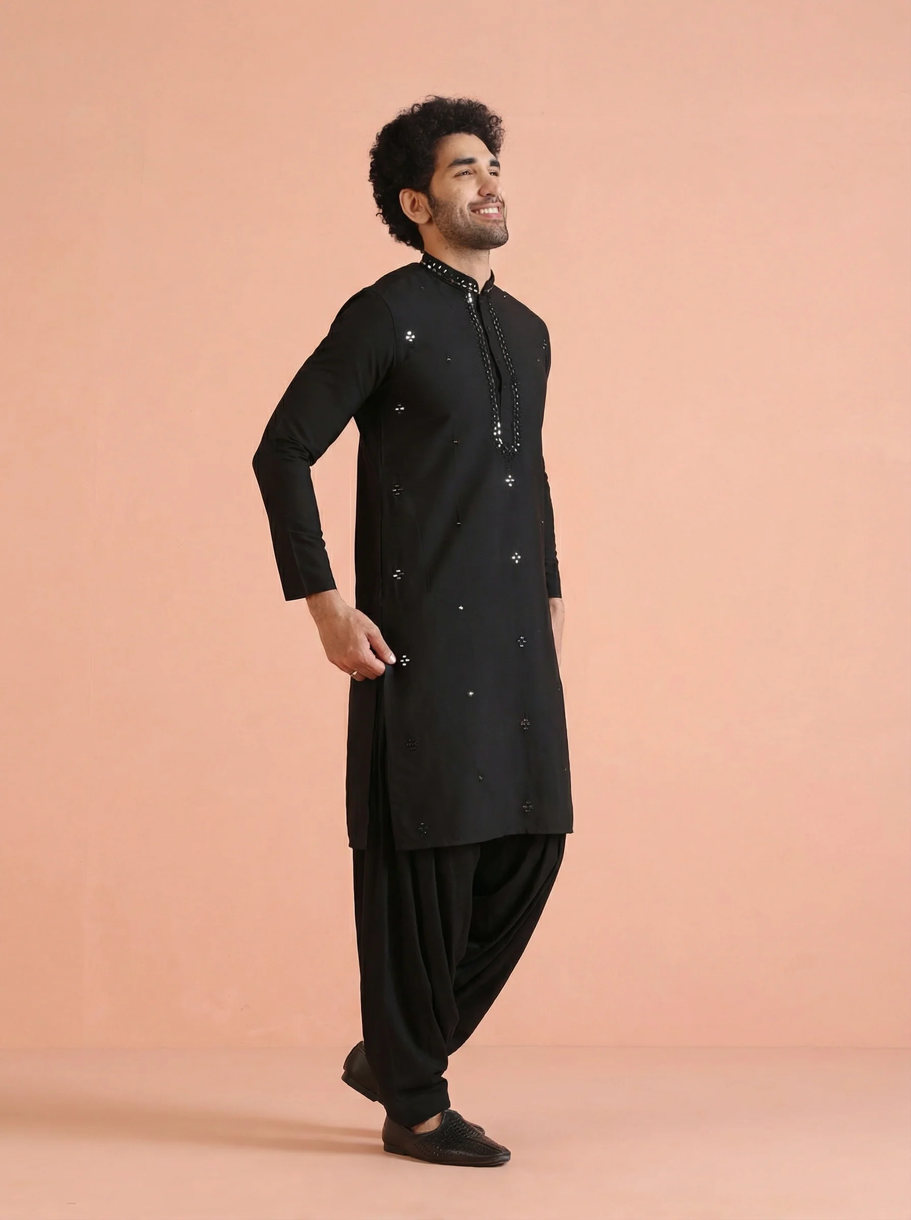 Black Cotton Blend Mirror Work Kurta Patiyala Set - Image 3