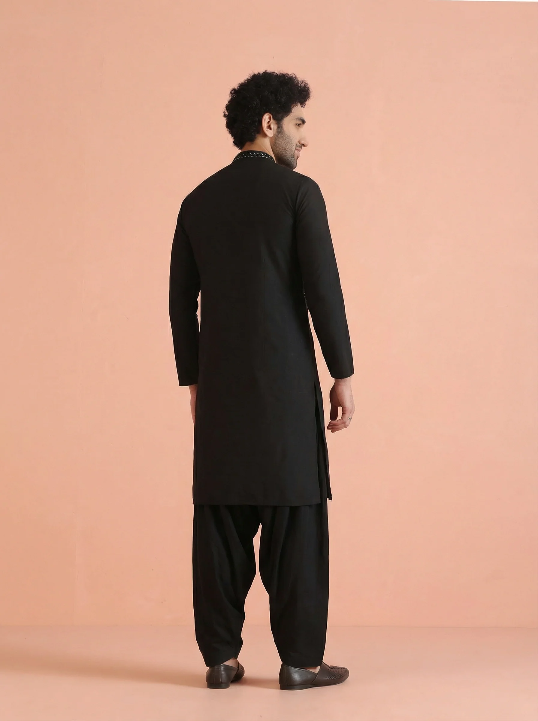 Black Cotton Blend Mirror Work Kurta Patiyala Set - Image 4