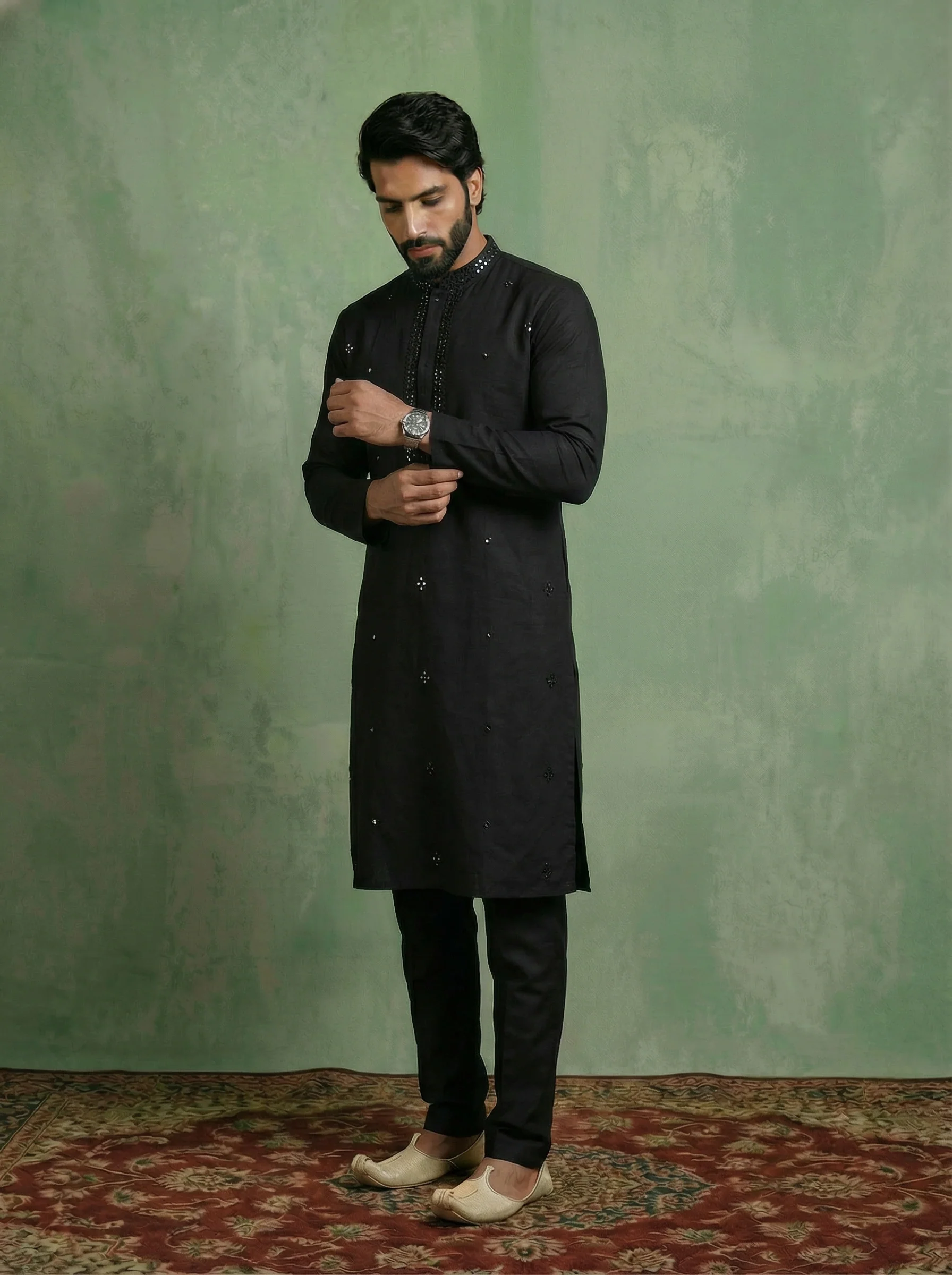 Black Cotton Blend Mirror Work Kurta Trouser Set