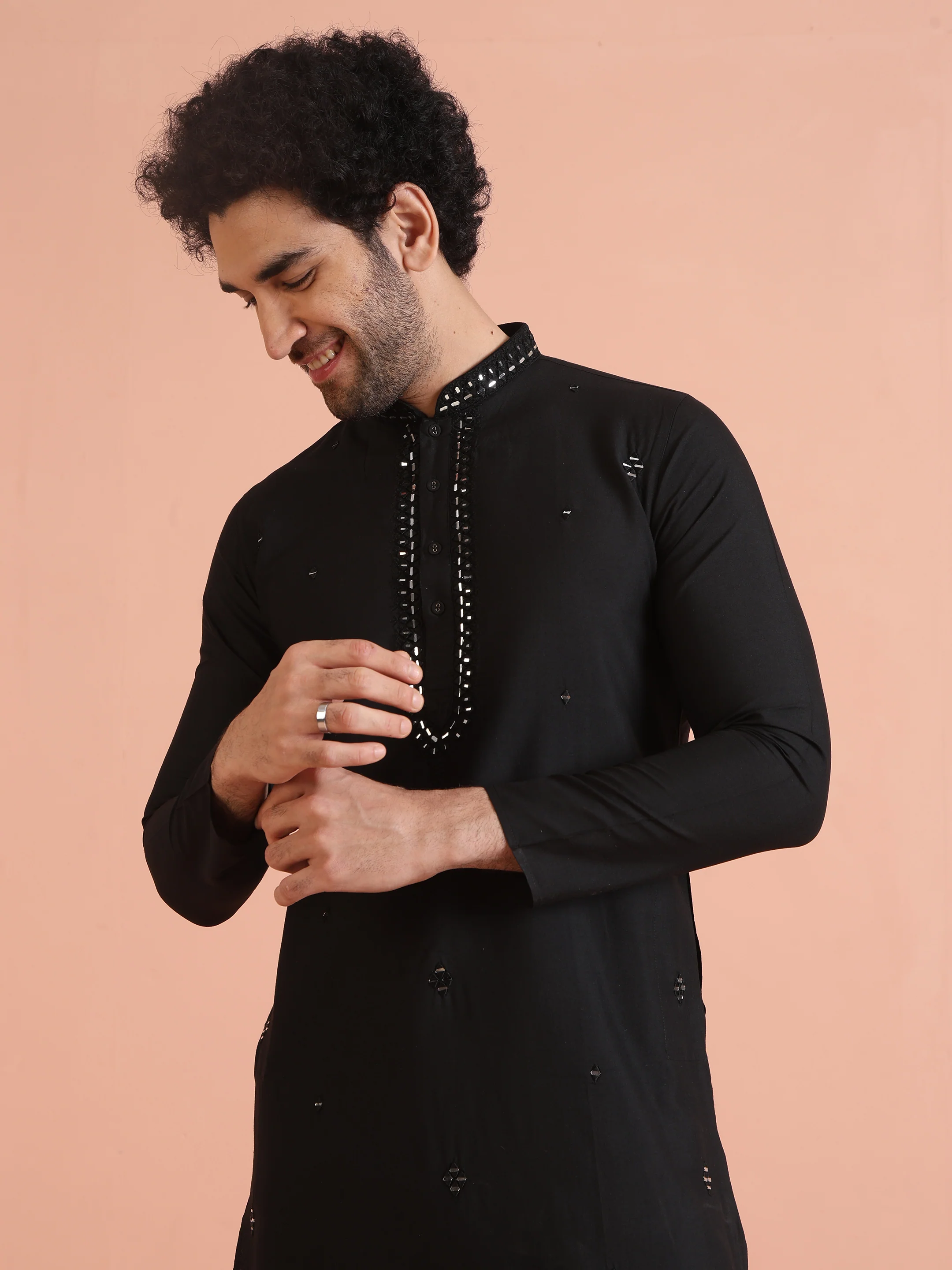 Black Cotton Blend Mirror Work Kurta Trouser Set - Image 6