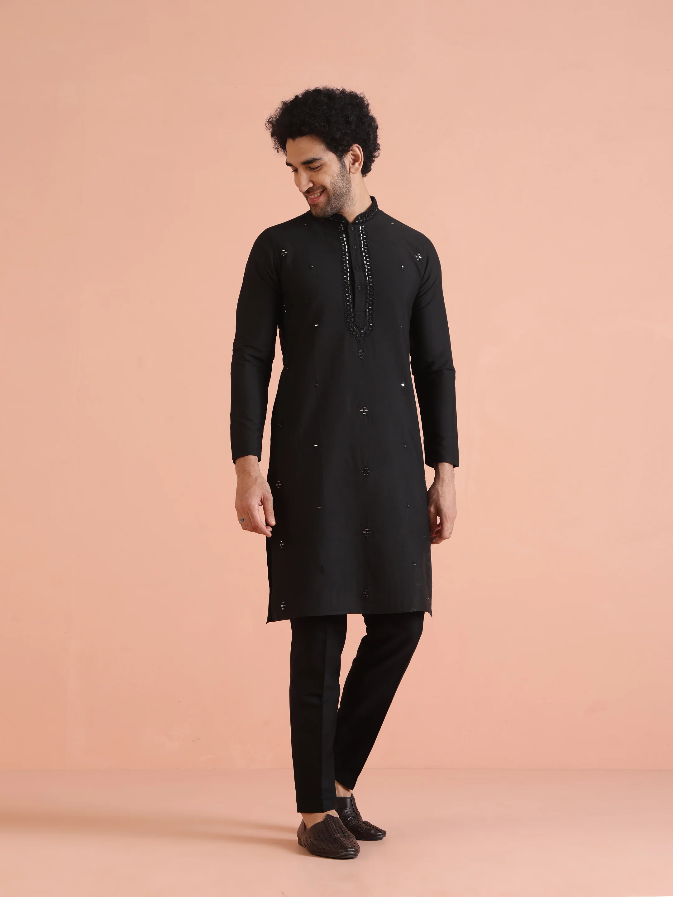 Black Cotton Blend Mirror Work Kurta Trouser Set - Image 7