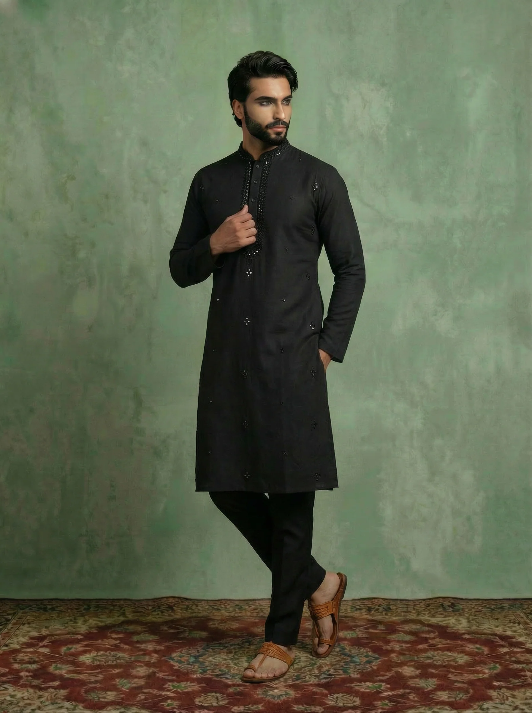 Black Cotton Blend Mirror Work Long Kurta