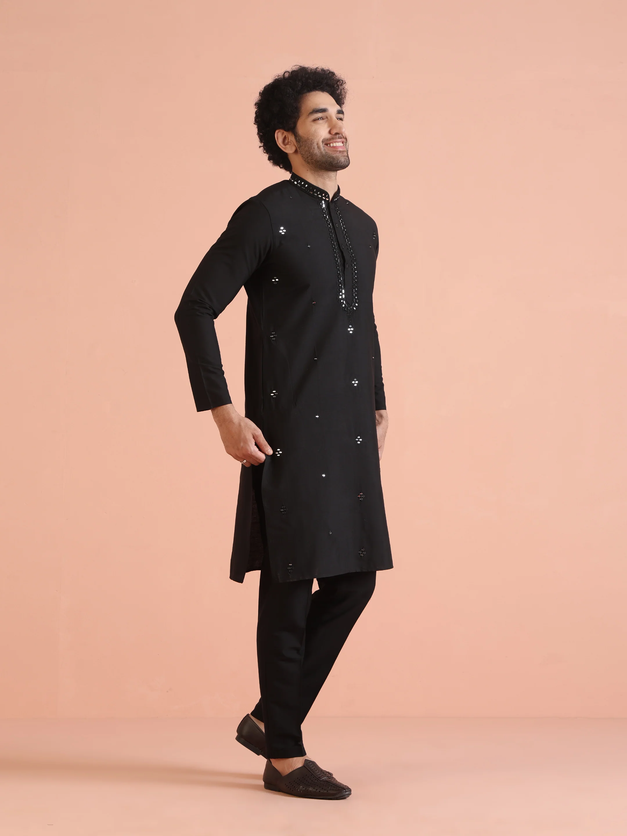 Black Cotton Blend Mirror Work Long Kurta - Image 2