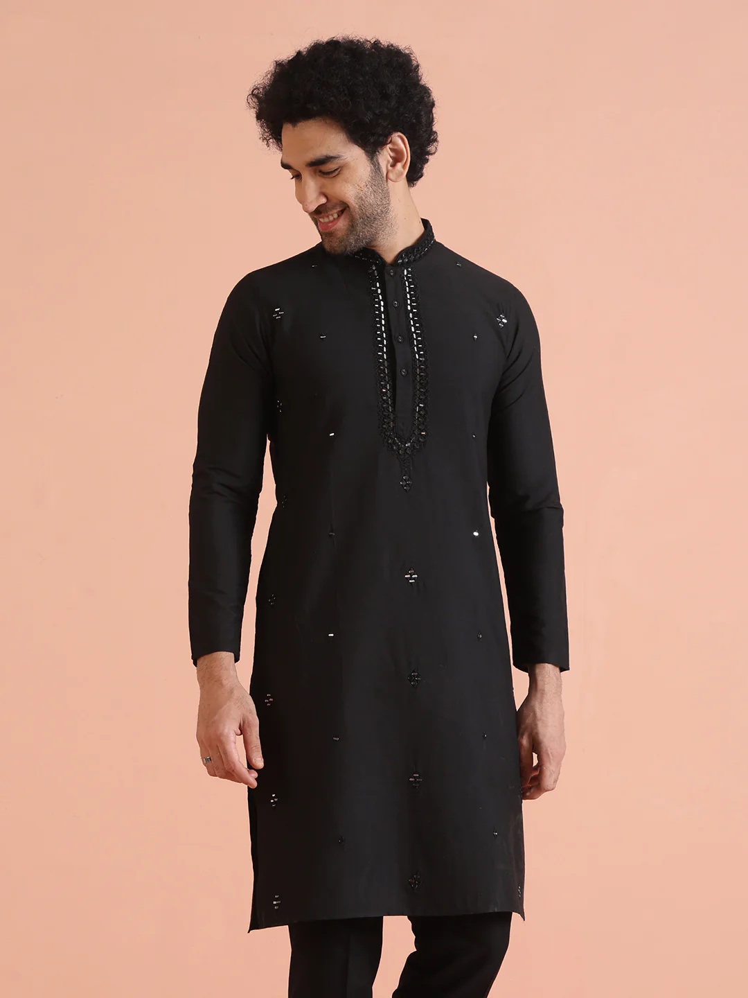 Black Cotton Blend Mirror Work Long Kurta - Image 8