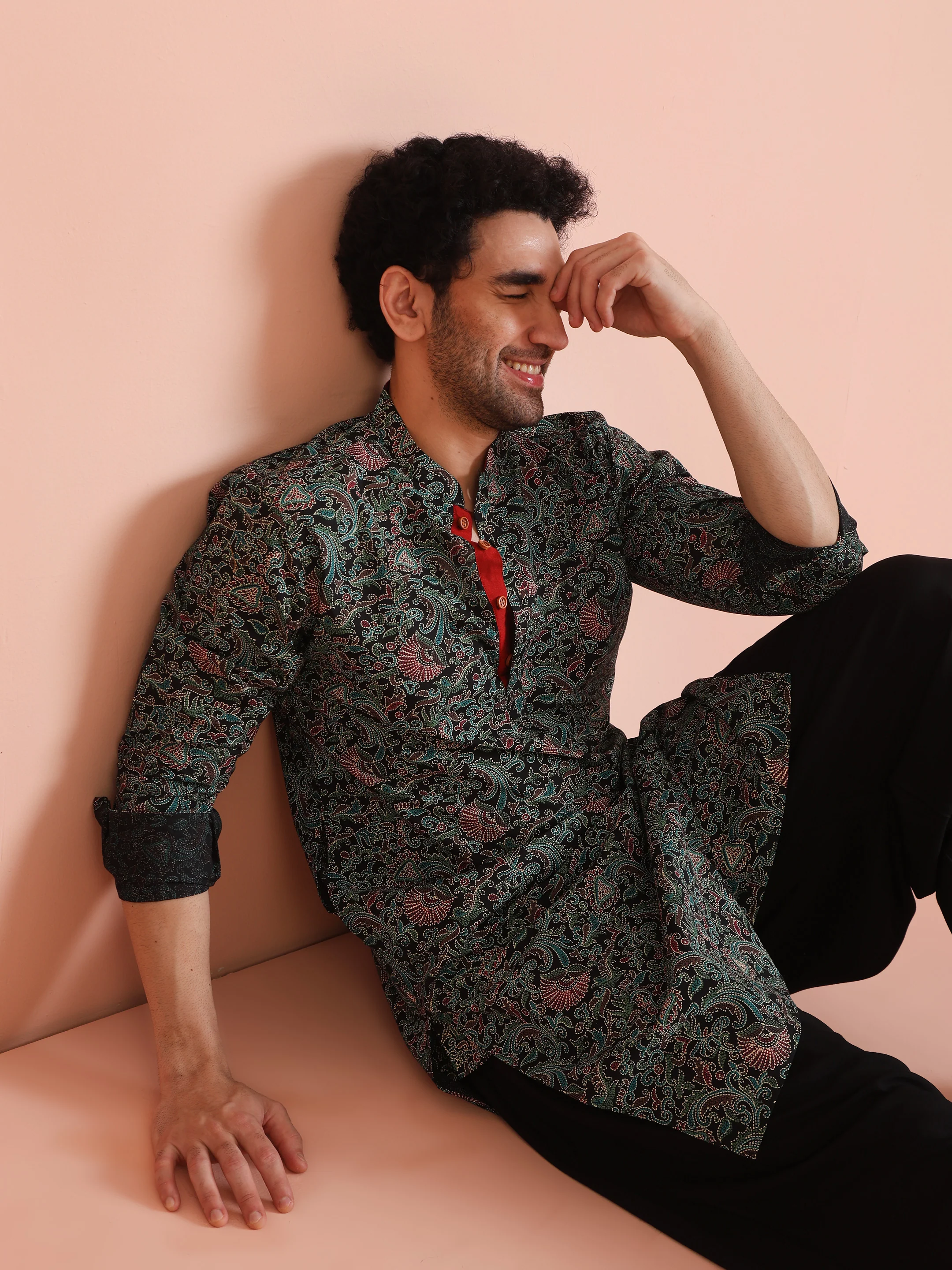 Black Cotton Blend Printed Kurta - Image 7