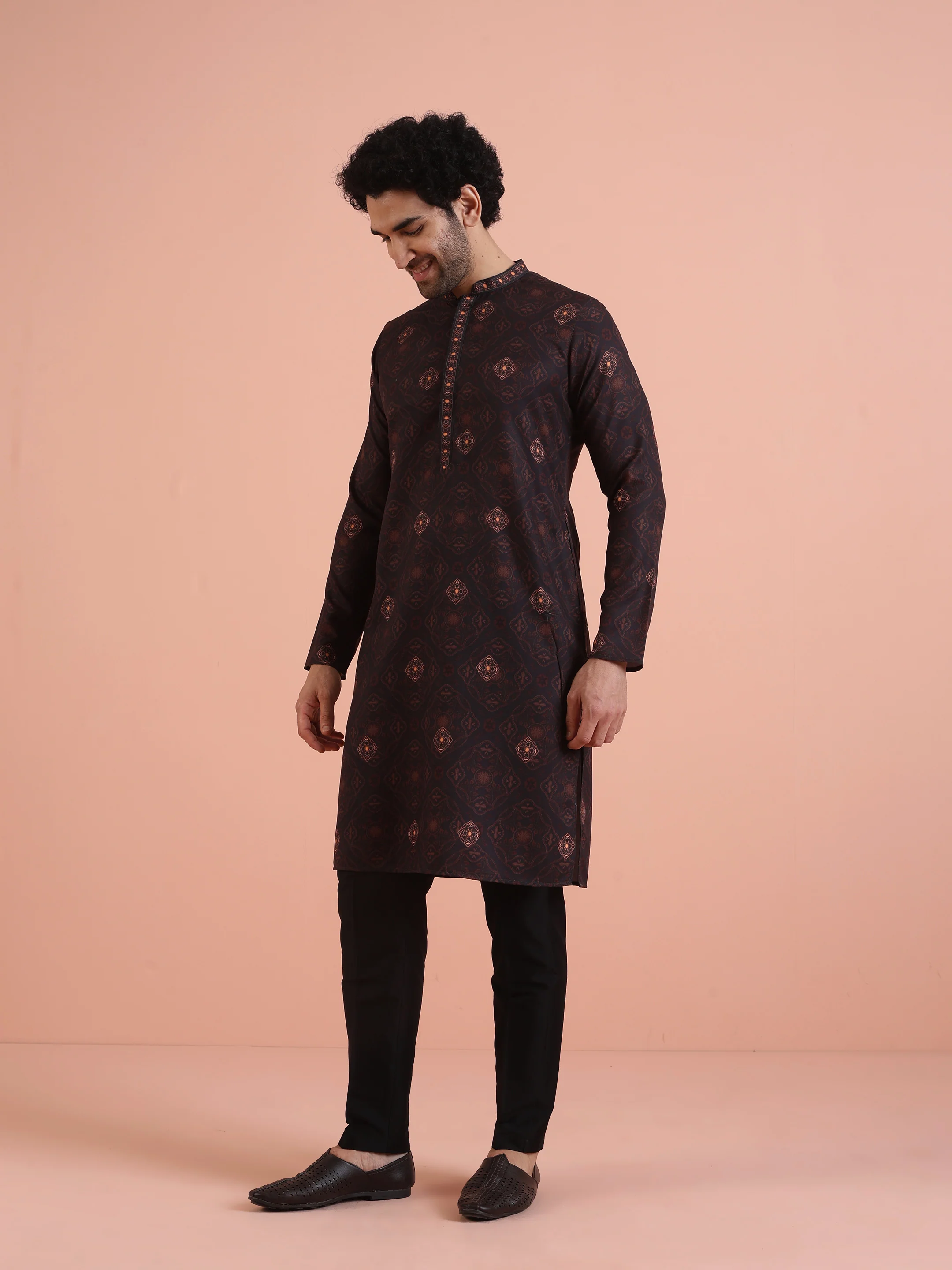 Black Cotton Blend Printed Kurta - Image 3