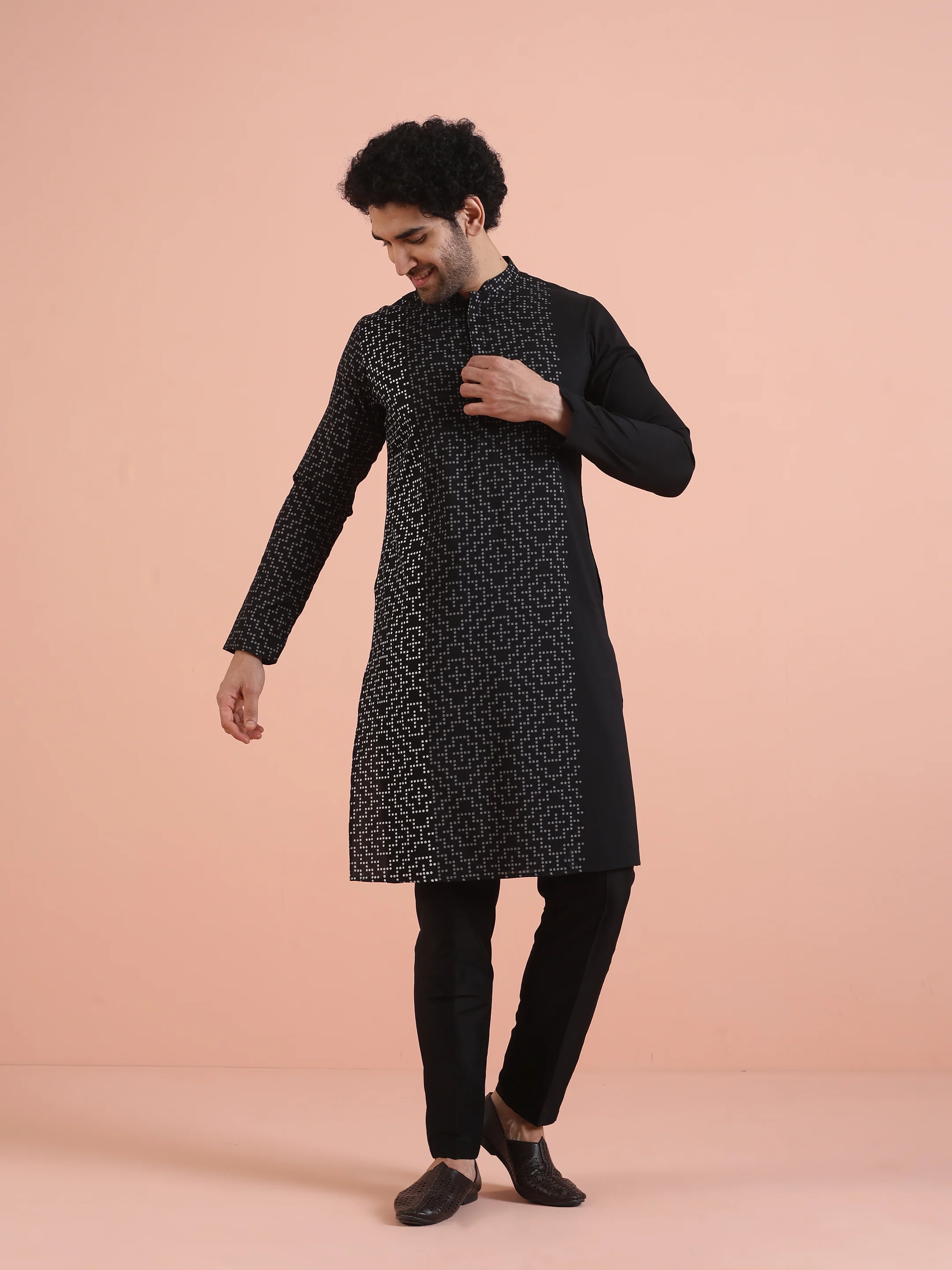 Black Cotton Blend Printed Kurta Trouser Set - Image 8