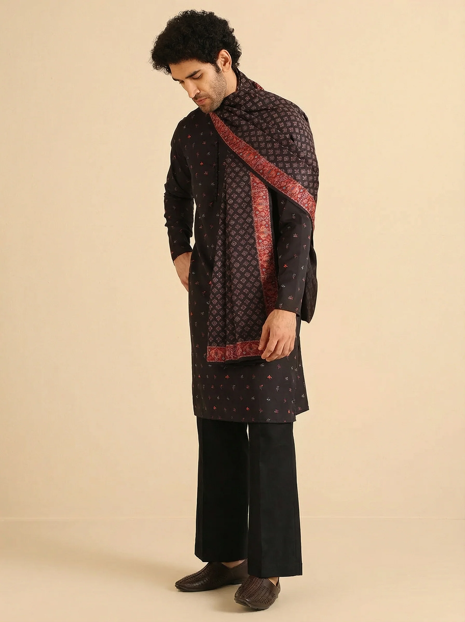 Black Cotton Blend Printed Kurta Wide Leg Trouser Set With Dupatta - Image 6